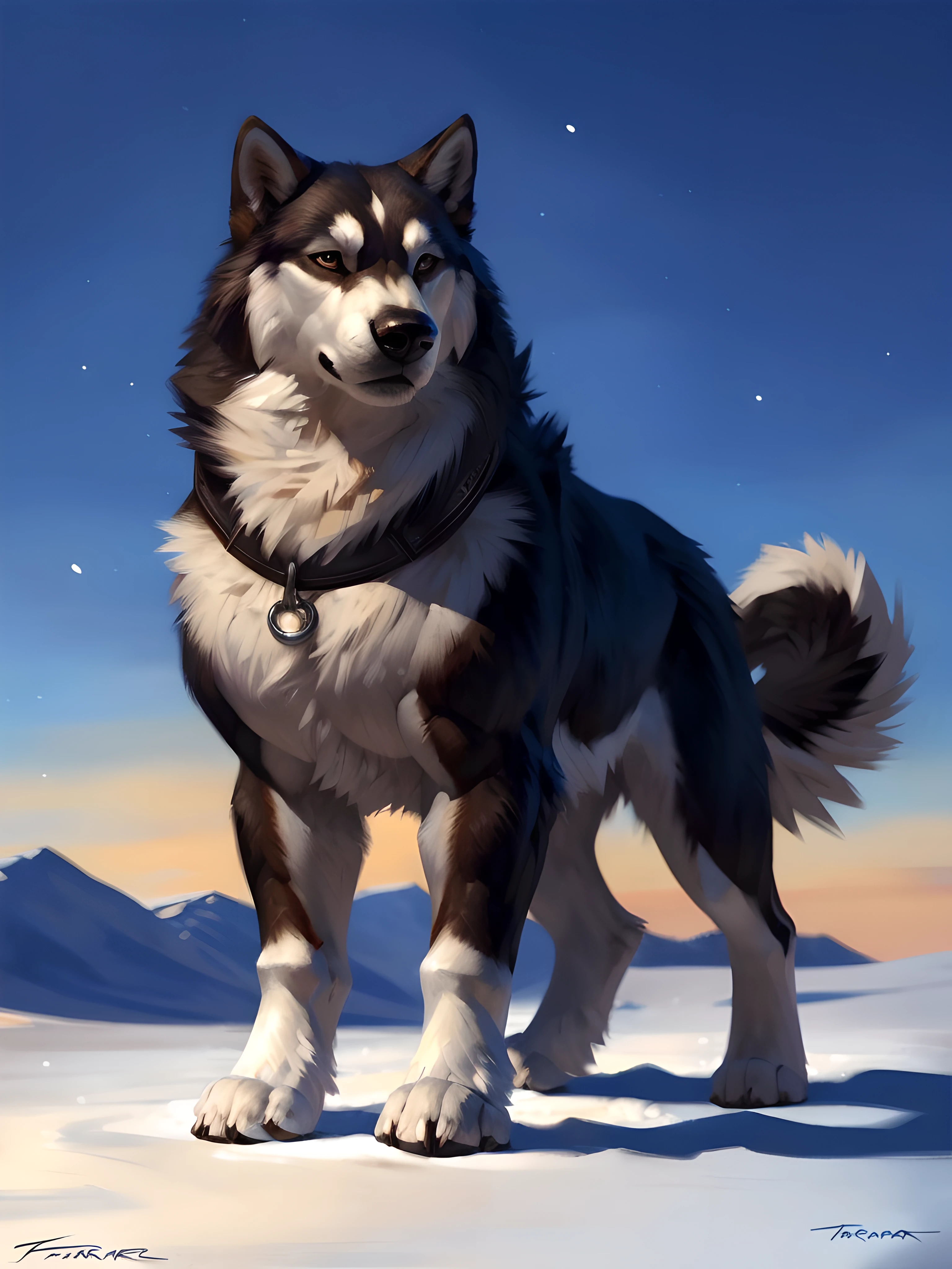 muscular feral alaskan malamute posing for the camera, (white fur, black fur:1.1), 4k, high resolution, best quality, perfect colors, perfect shadows, perfect lighting, posted on e621, furry body, (feral body, quadruped body:1.15), alaskan malamute, solo, male, adult, masculine, (very muscular, buff, pectorals, thick build:1.3), (strong chest, pectorals, biceps, calves, muscular thigh, pecs:1.5), correct anatomy, (photorealistic fur, detailed fur, epic, masterpiece:1.2), (winter background, night), sexy shadows, (by Taran Fiddler), (by echin:0.5), (detailed eyes:1.2), impressive physique, confident pose, strong pose, proud, strong chest, looking at camera, shiny muscles, collar