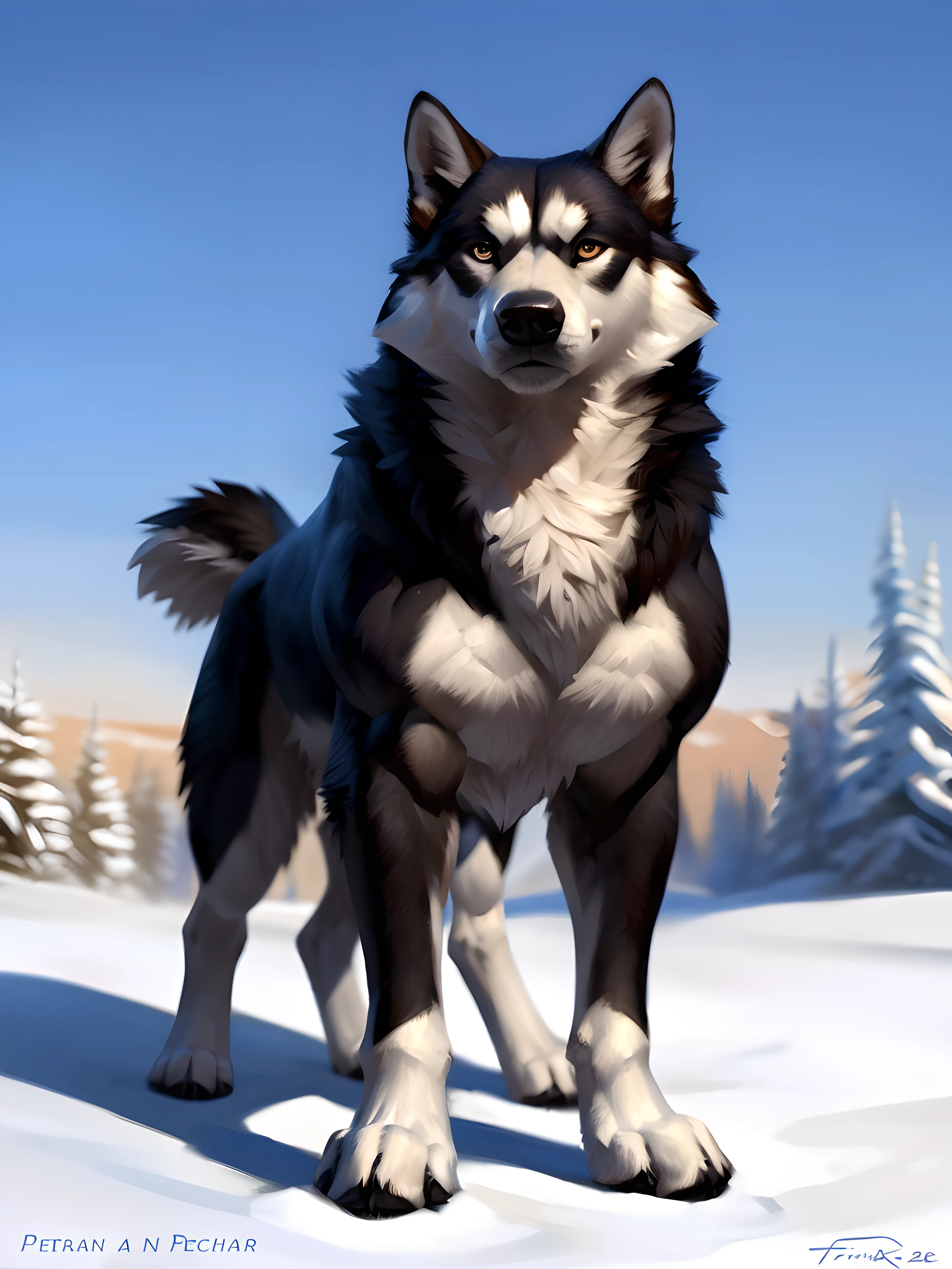 muscular feral alaskan malamute posing for the camera, (white fur, black fur:1.1), 4k, high resolution, best quality, perfect colors, perfect shadows, perfect lighting, posted on e621, furry body, (feral body, quadruped body:1.20), alaskan malamute, solo, male, adult, masculine, (very muscular, buff, pectorals, thick build:1.3), (strong chest, pectorals, biceps, calves, pronounced pectorals, muscular thigh, pecs:1.5), correct ???????, (photorealistic fur, detailed fur, epic, masterpiece:1.2), (winter background, night), sexy shadows, (by Taran Fiddler), (by echin:1.2), (detailed eyes:1.2), impressive physique, confident pose, strong pose, proud, strong chest, looking at camera, shiny muscles, shiny fur