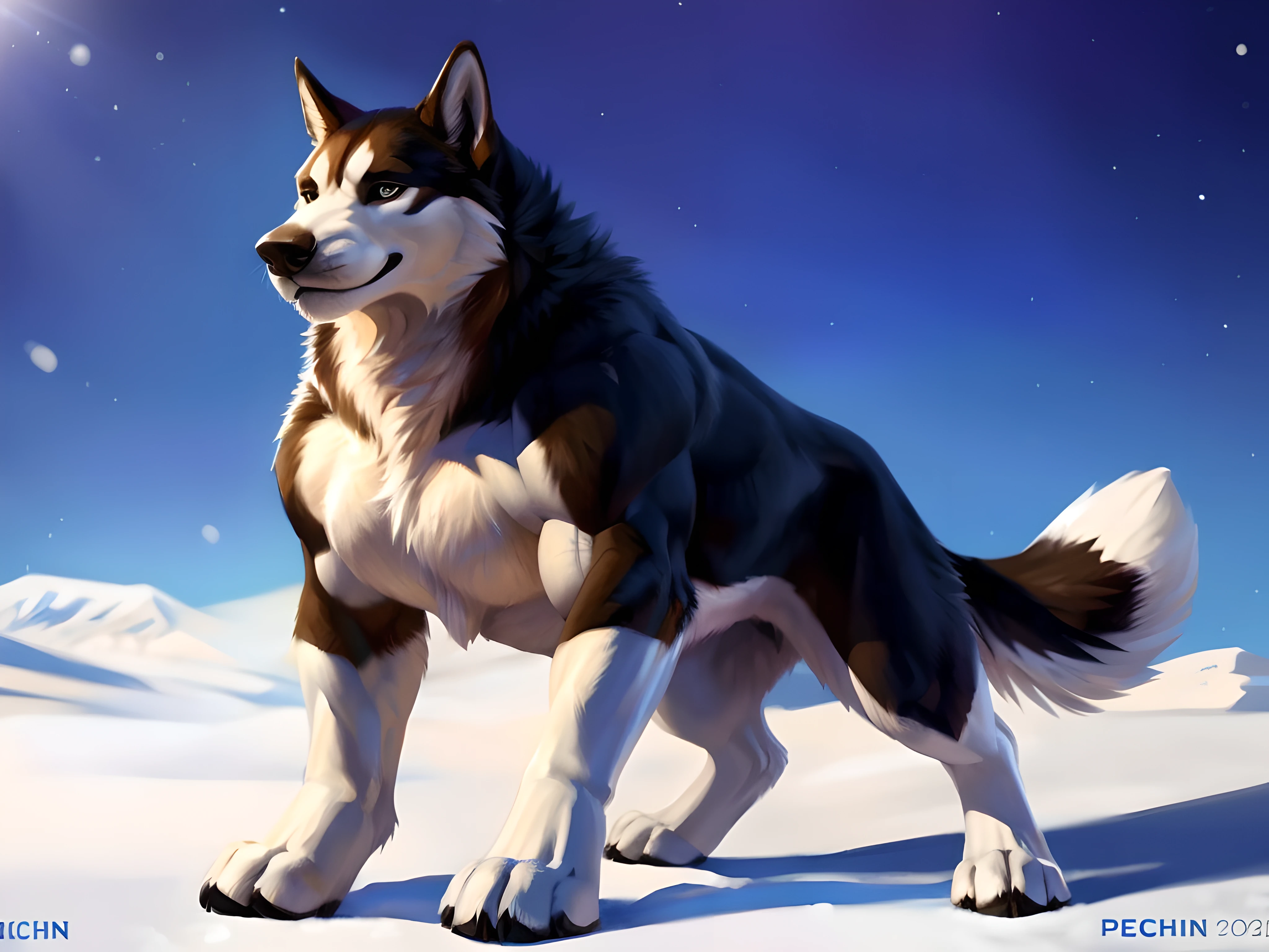 muscular feral alaskan malamute posing for the camera, laying on floor, (white fur, black fur:1.1). 4k, high resolution, best quality, perfect colors, perfect shadows, perfect lighting, posted on e621, furry body, (feral body, feral dog, quadruped dog, forelegs, hindlegs:1.05), alaskan malamute, solo, male, , very masculine, (very muscular feral, buff feral, biceps, strong legs, muscular legs, heavyweight, thick build:1.3), (anthro pecs, large pecs, strong chest:1.4), correct anatomy, (photorealistic fur, detailed fur, epic, masterpiece:1.2), (winter background), sexy shadowy Taran Fiddler, by vorusuarts, by Traver009), (detailed eyes:1.2), impressive physique, confident pose, strong pose, serious face, open mouth, tongue, proud, looking at camera, strong chest, (full body:1.4), (shiny muscles:1.1), short fur, veins, raised chest, taut muscles, from the back, testicles, balls, anus, cum dripping, paniting, big dog penis