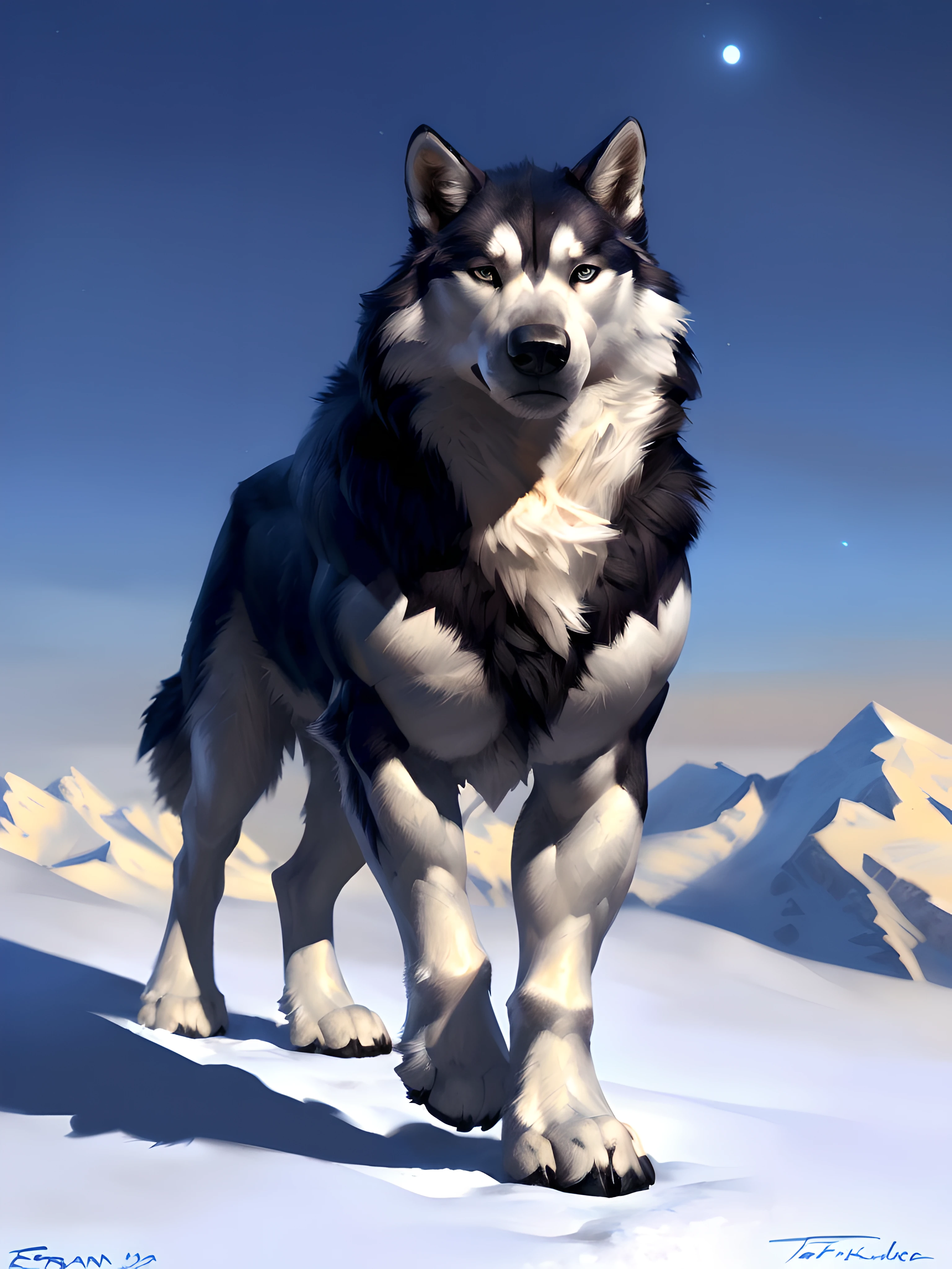 muscular feral wolf posing for the camera, standing, (front view, facing the camera:1.2), (low angle-shot:1.2), 4k, high resolution, best quality, perfect colors, perfect shadows, perfect lighting, posted on e621, (black wolf, black body:1.1), (feral body, feral wolf, quadruped wolf:1.05), wolf, (solo:1.1), male, adult, very masculine, (very muscular feral, very buff feral, biceps, muscular legs, defined muscles, heavyweight, thick build:1.5), (anthro pecs, pectorals, large pecs, strong chest:1.7), correct , (photorealistic fur, detailed fur, epic, masterpiece:1.2), (sunset sky background, stars, beautiful sky:1.3), sexy shadows, (by Taran Fiddler, by rukis, chunie lighting), (by echin:0.5), (detailed eyes:1.2), impressive physique, serious face, strong chest, (close-up:1.0), short fur, tight muscles, alpha wolf