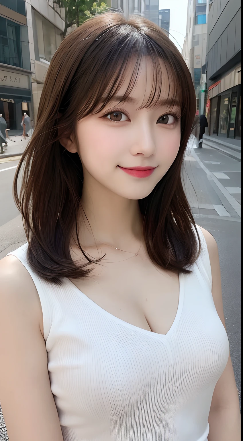 masutepiece, Best Quality, Illustration, Ultra-detailed, finely detail, hight resolution, 8K Wallpaper, Perfect dynamic composition, Beautiful detailed eyes, doress,Medium Hair, mid-chest, Natural Color Lip, Random and sexy poses,Smile,Aoyama Street Walk、20 years girl
