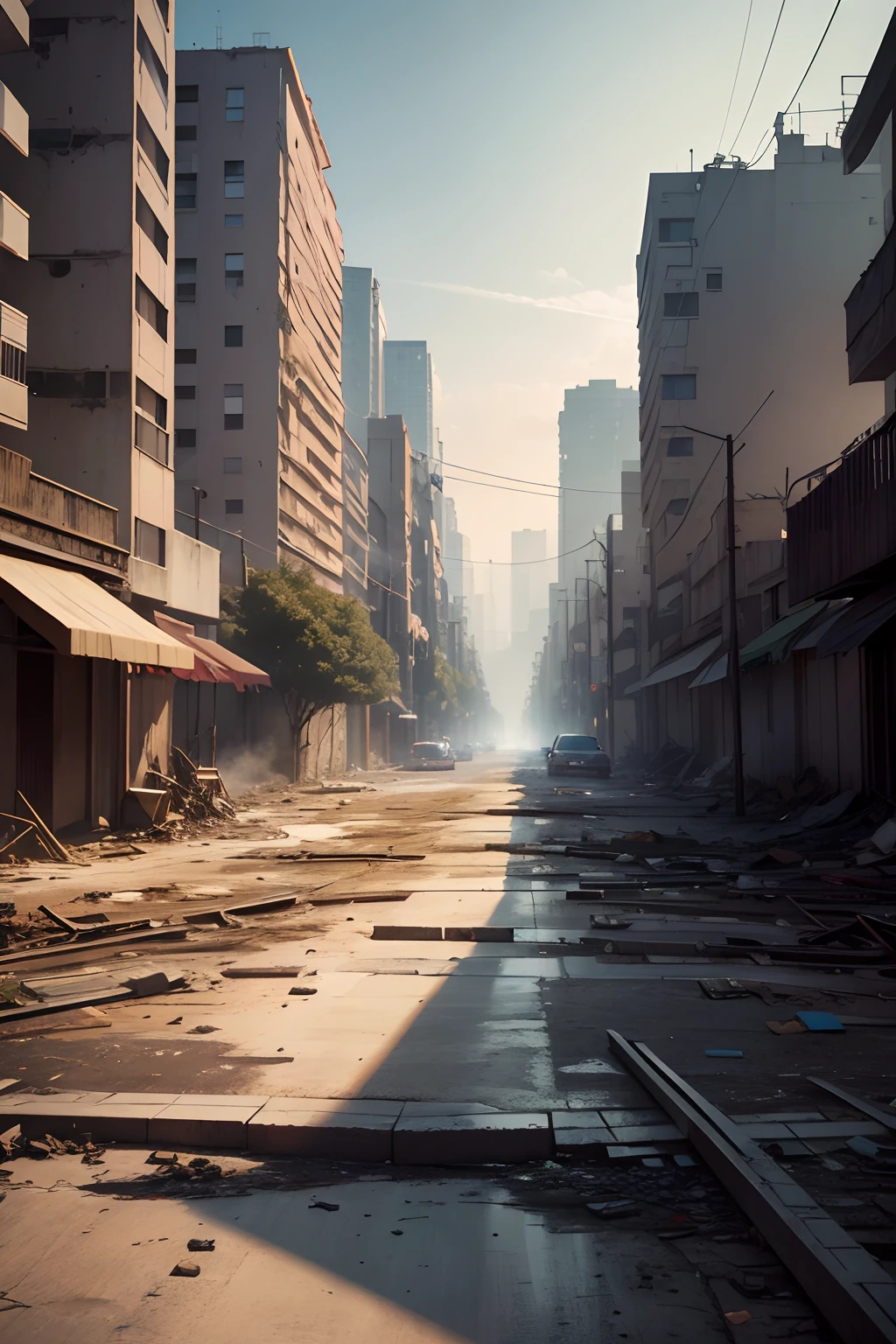 (Armageddon)，Dilapidated city，Dilapidated streets，4K Ultra HD, 超高分辨率, (Photorealistic: 1.4), Best quality，tmasterpiece，（pastel colour：1.2）