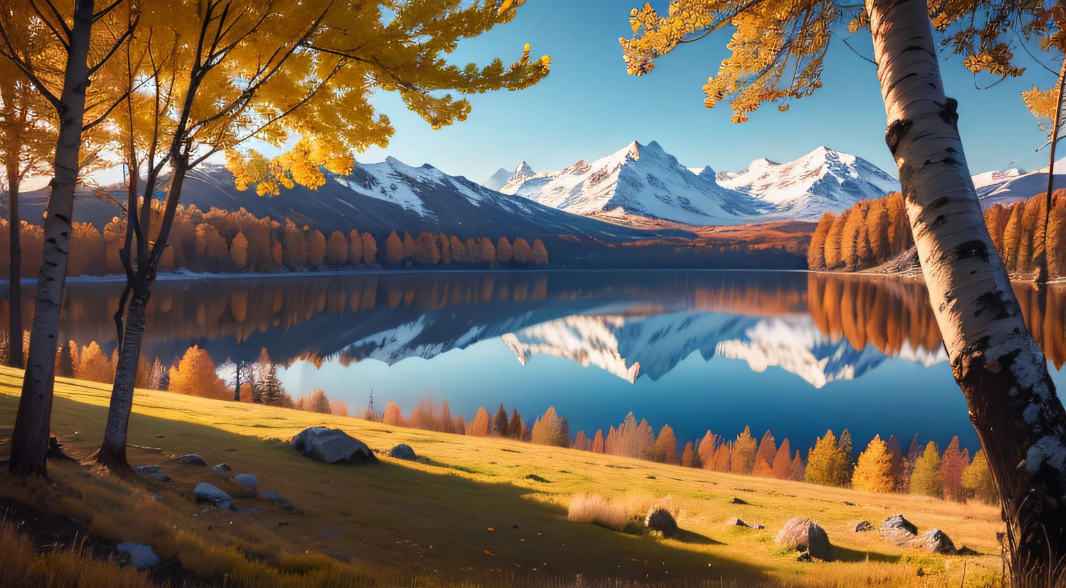 4k. cinema. fantastic light. Birches. lake. mountains in the distance. autumn. close-up