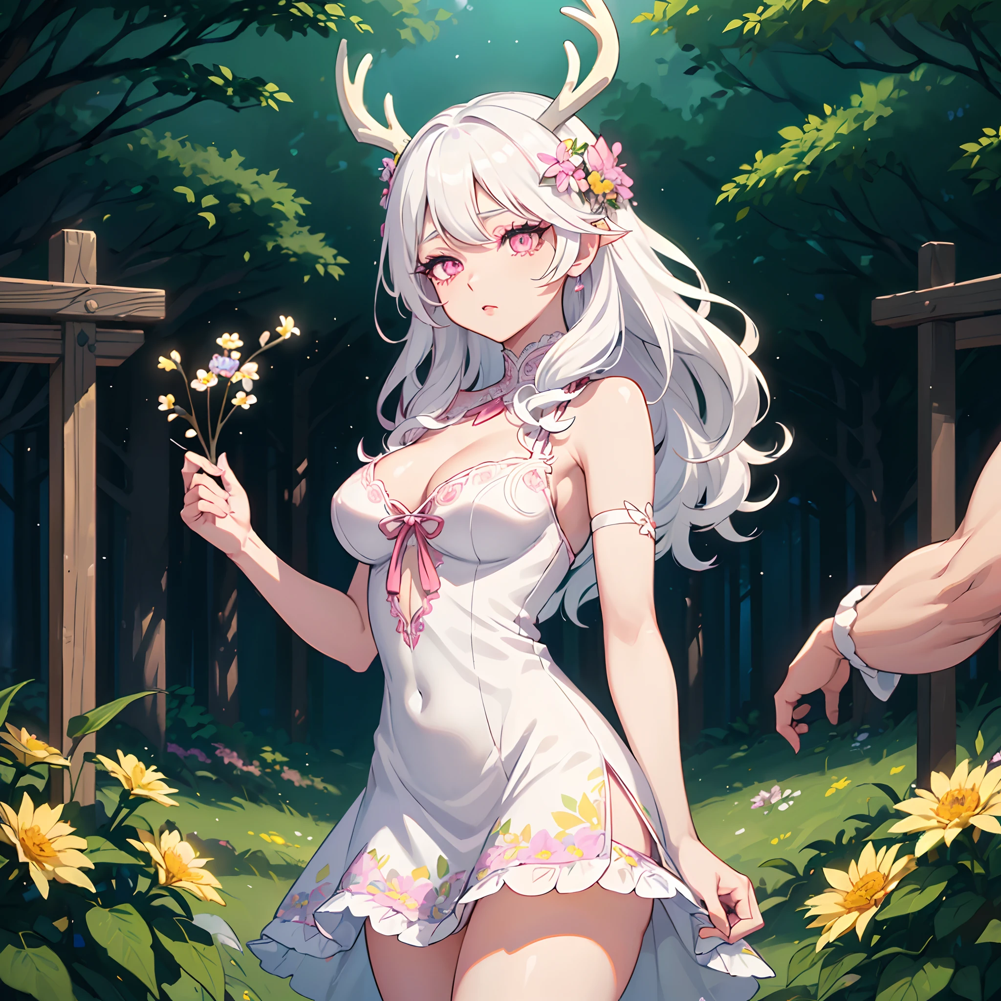 Midriff, upskirt, Tight dress, Lingerie, Skimpy outfit, Slutty, Sexy, (((masterpiece, best quality))), (((thicker lines))), (((Sharp focus))), ((bokeh)), 1girl, (((white hair))), (((deer antlers, covered in flowers))), flower earrings, (((light pink eyes))), ((slanted eyes)), (thick eyeliner), eyeshadow, (((long eyelashes))), ((lips)), (((intricate pastel floral lace dress))), (((medium breasts))), ((forest)), ((lots of glowing flowers)), ((cowboy shot)), (glowart), Korean webtoon girl, big eyes, ombre lipstick, cute face, oval face, white hair, curly hair, straight hair, ombre, ombre hair, add_detail:0.5, add_detail:1, add_detail:1, add_detail:0, add_detail:2, InkAnime, ((glowify)), COLORFULMIX, white HAIR, WAVY HAIR, mksks, colored eyelashes, (((white eyelashes))), kahuka1, flower dress, glowify, glowify, flower dress