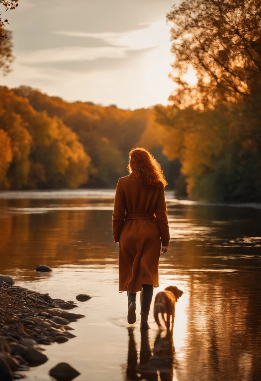 photo realistic image of a redheaded young woman in her mid 20s walking her golden retreiver alongside a river. it's autumn and everything shimmers in an orange glow. she is facing away from the camera.