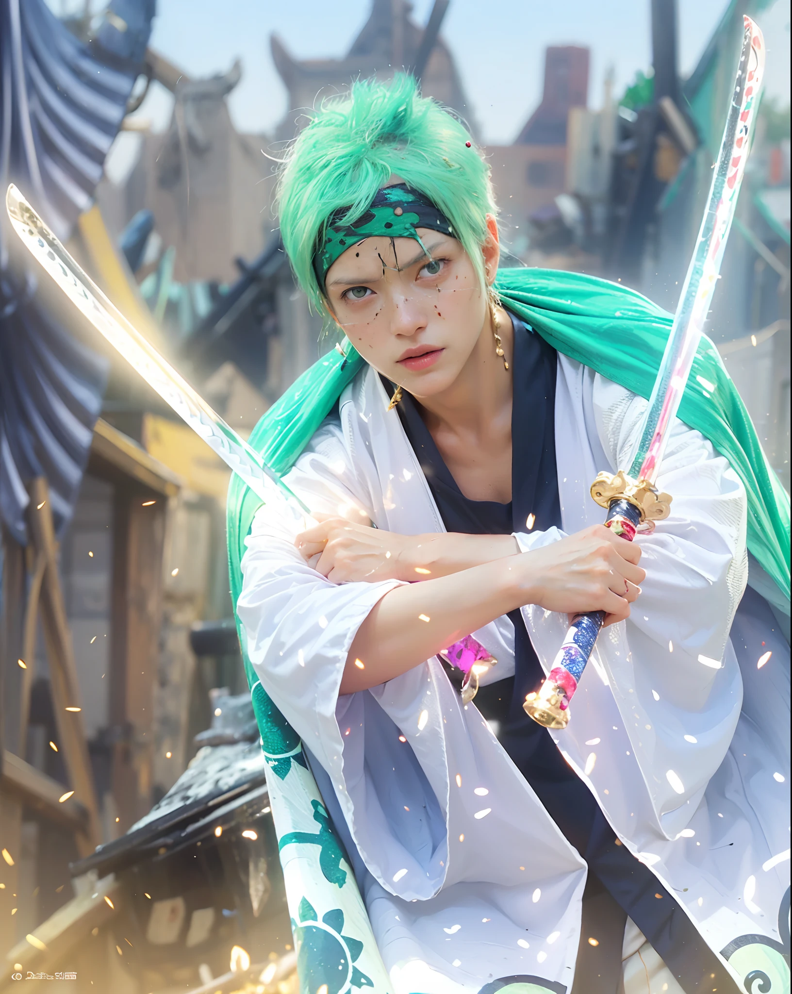 ((zoro_onepiece)),((realistic, photorealistic)),((white skin)), Green hair, (( hair light)), jewelry, navel, detached sleeves,((upper body)), (((best quality, masterpiece))), Looking for viewers, outdoor,Japanese house destroyed, light of fire ,sword light,