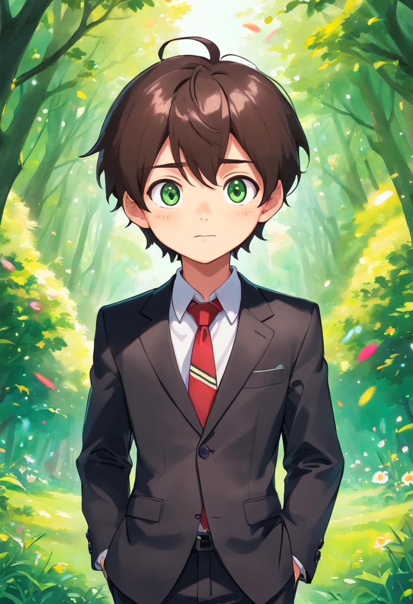 (chibi:1.1), up close portrait, 1boy, dark brown hair, reddish eyes, black suit with a tie, black suit pants, colorful green life background, profundidade de campo, master part, best quality, 1 , cabelos pretos, olhos vermelhos, Terno Preto. cute cartoon style、Cute art style、Cartoon style、Cartoon style illustration、Digital art of cartoons、Cute digital art, Head large、kawaii eyes、Glitter eyes、Sparkling eyes、kawaii face