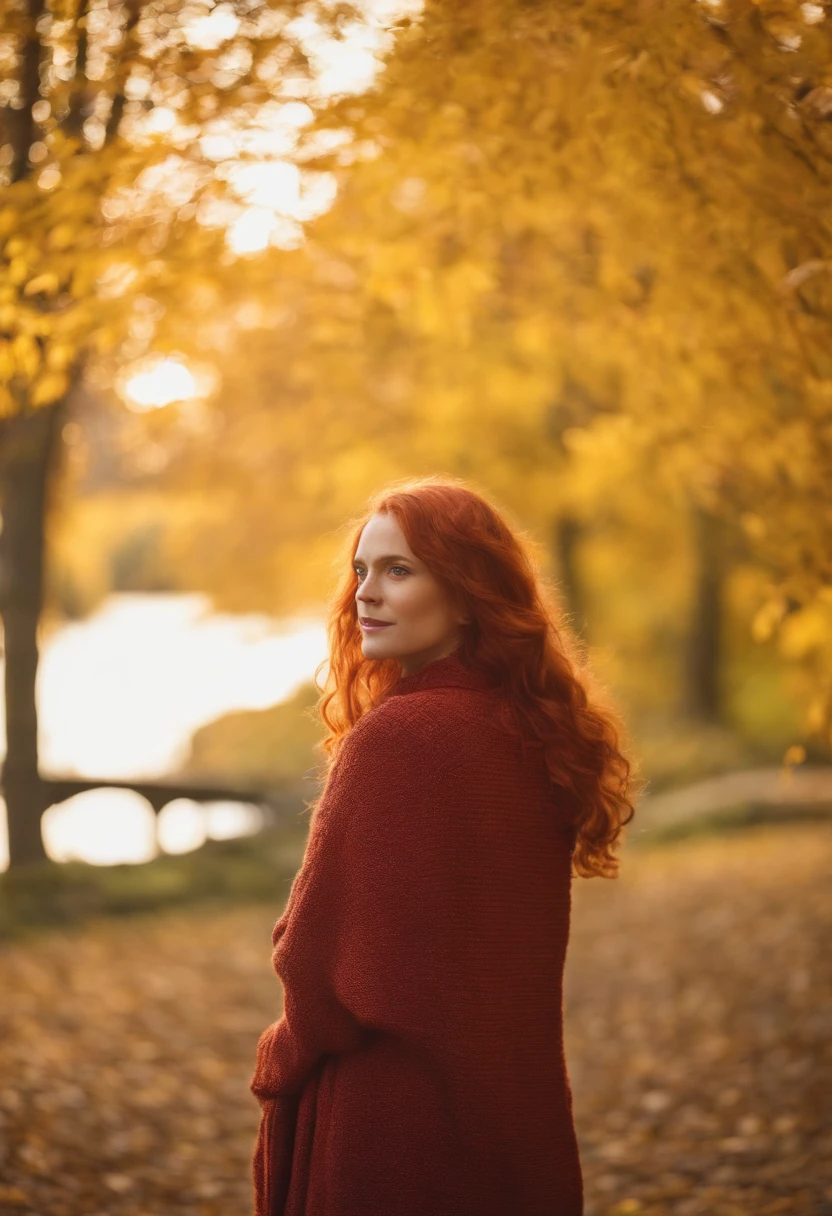 1girll,red hair, Floating hair, Seaside,scenery,landscape,autumn leaves, Falling leaves, rays of sunshine,god light,full body, fall colours,dress, chunky knit sweater