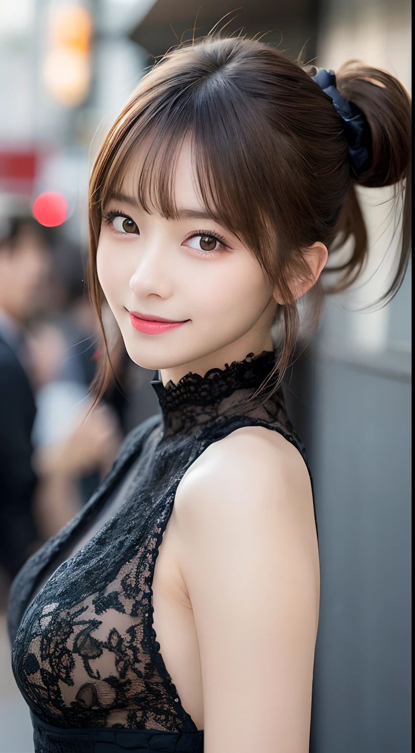 masutepiece, Best Quality, Illustration, Ultra-detailed, finely detail, hight resolution, 8K Wallpaper, Perfect dynamic composition, Beautiful detailed eyes, Women's Fashion Summer,Ponytail hair,Small breasts natural color lip, Bold sexy poses,Smile,Harajuku、20 years girl、Cute、Sexy shot looking at camera