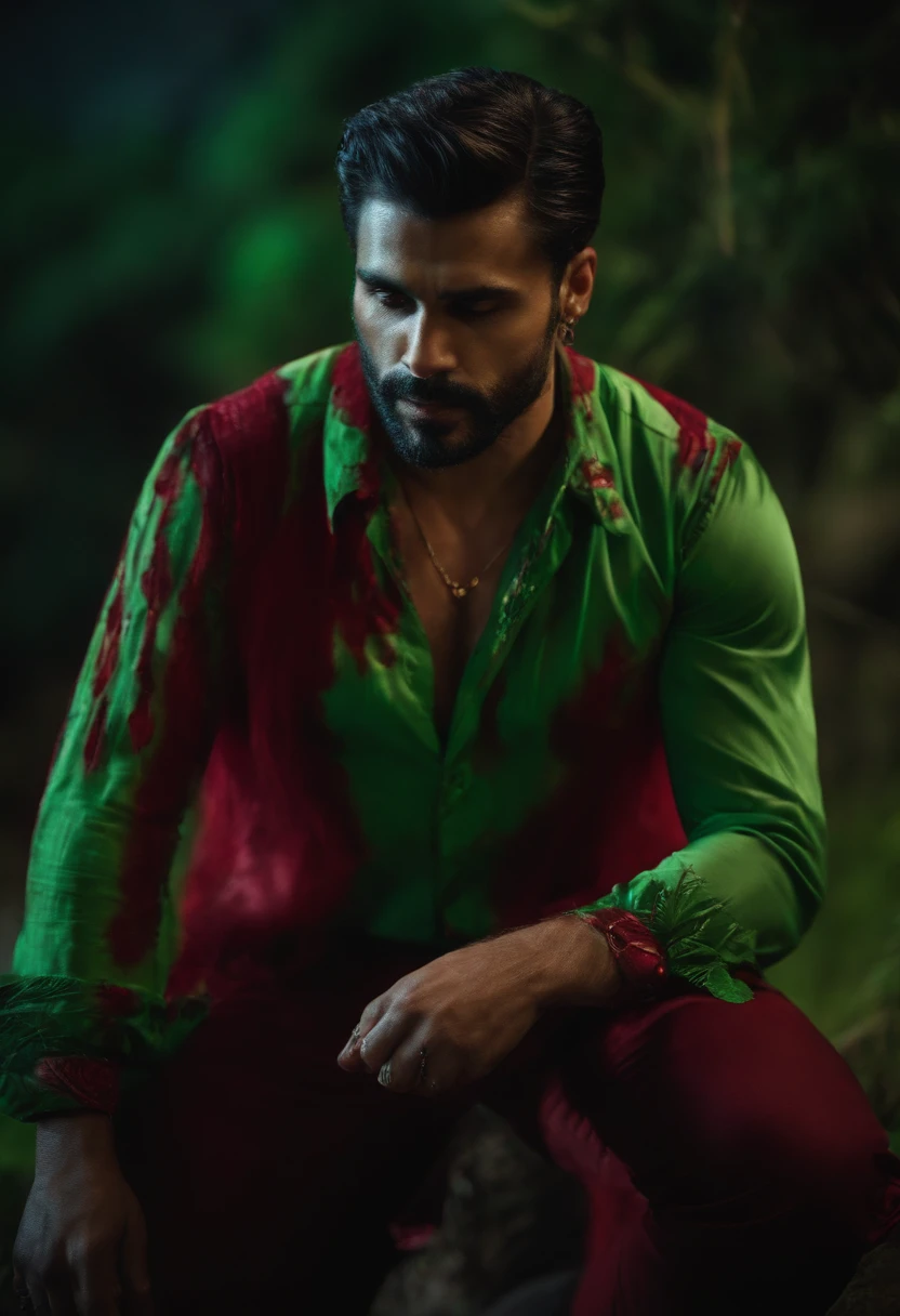 un hombre lobo con sangre en su boca y una camisa verde con cuello mirando al frente en la oscuridad