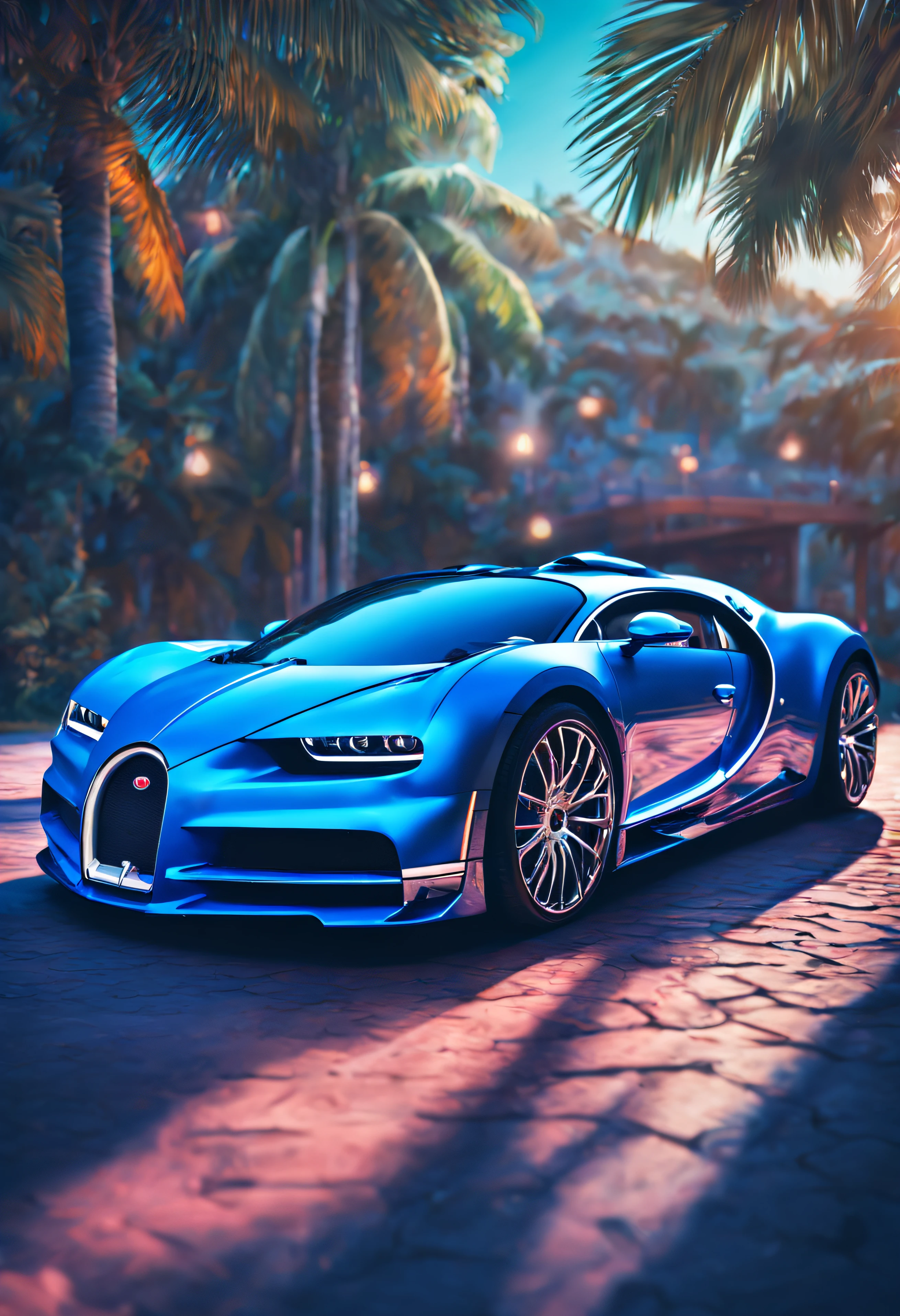 blue bugatti 8k high detailed super car, underglow neon psychedelic lights, masterpiece of a tropical background delicate but vibrant color tones