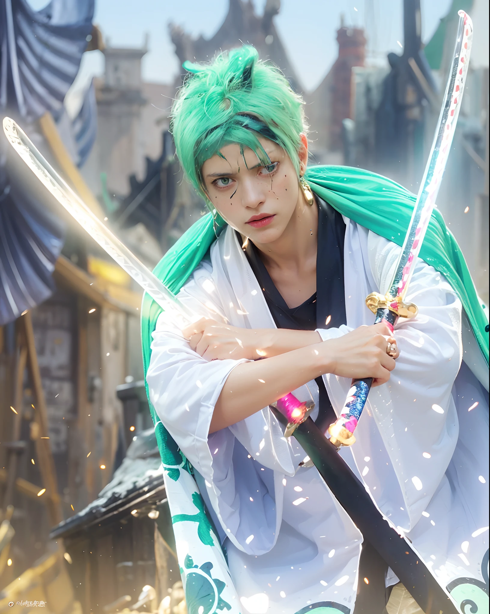 masterpiece, best quality,1boy, male focus, solo, xiao (genshin impact), holding mask, gloves, yellow eyes, weapon, jewelry, tattoo, necklace, mask, holding, green hair, polearm, arm tattoo, forehead mark, beads, facial mark, bead necklace, holding weapon, sitting,(kbxll:0)