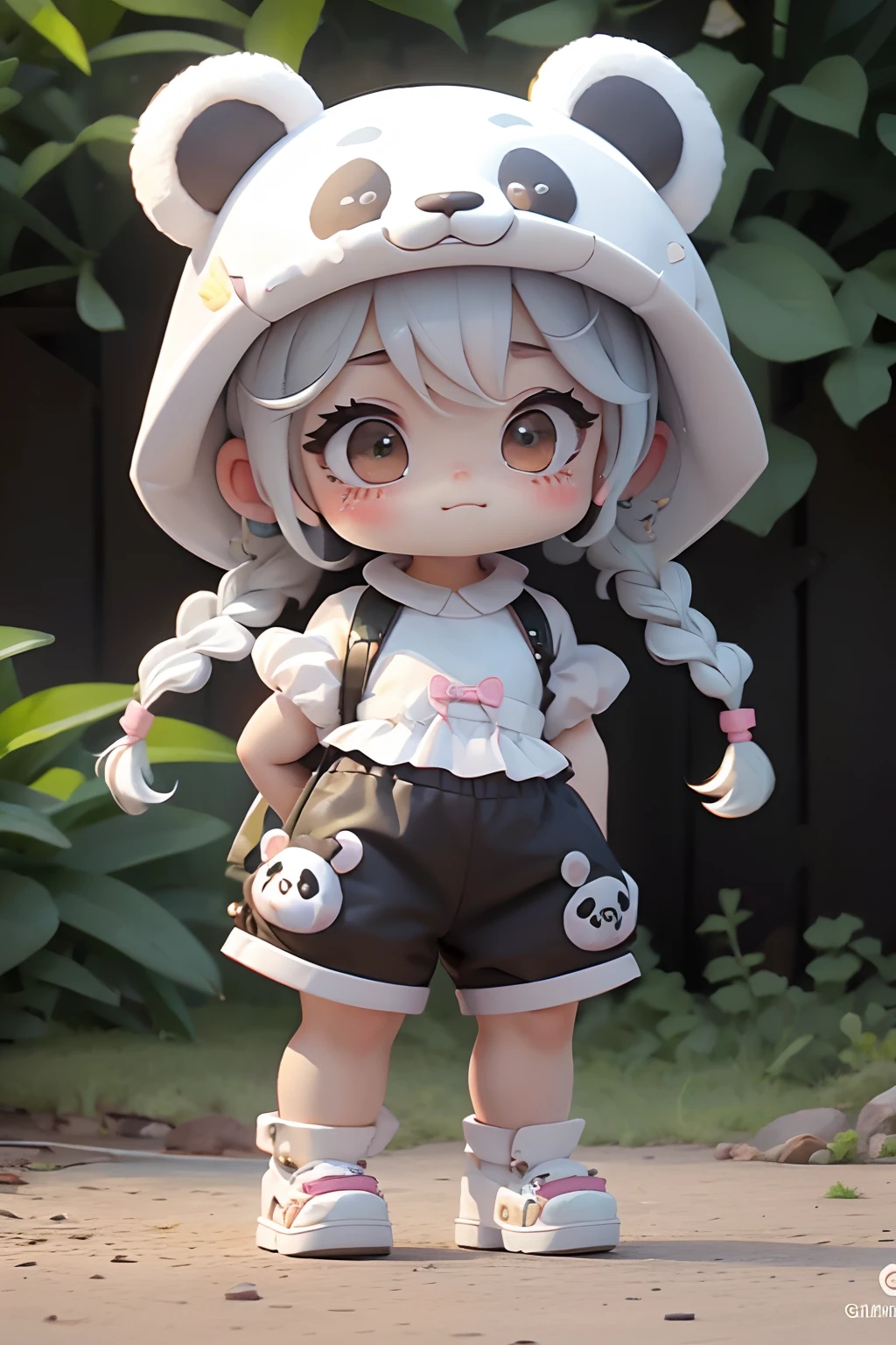 Lolli chibbigirl wearing panda suit with shorts pants, braided hair, outside backyard, happy