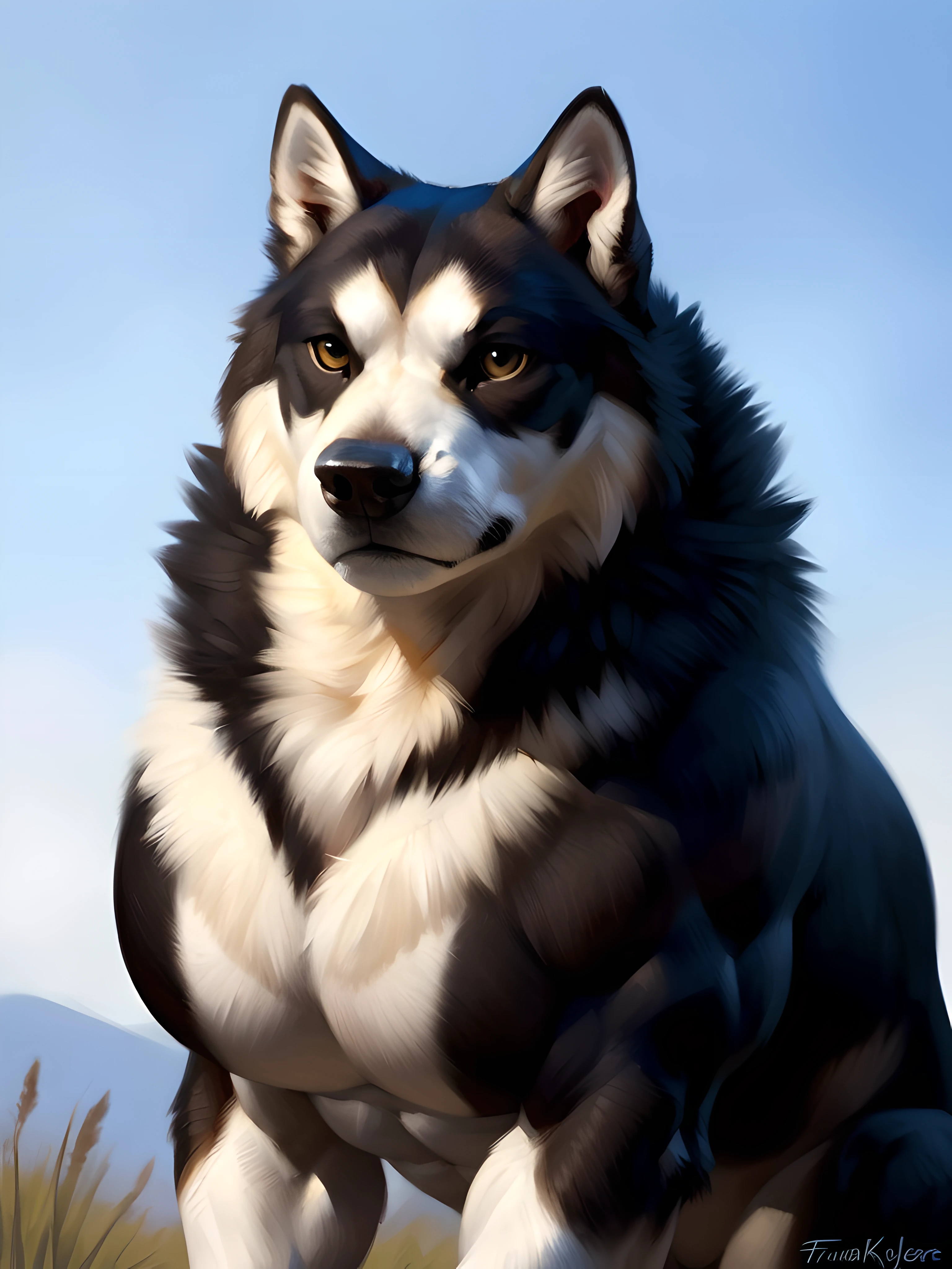 muscular feral malamute posing for the camera, (sitting down, front view, facing the camera, close-up to chest and face, looking at camera:1.1). 4k, high resolution, best quality, perfect colors, perfect shadows, perfect lighting, posted on e621, (black fur, white fur:1.1), (feral body, feral dog, quadruped dog:1.05), malamute, (solo:1.1), male, adult, very masculine, (very muscular feral, very buff feral, strong biceps, heavyweight, thick build:1.2), (anthro pecs, large pecs, strong chest, abs:1.6), correct anatomy, (photorealistic fur, detailed fur, epic, masterpiece:1.2), (white background:1.1), sexy shadows, (by Taran Fiddler), (by echin:0.5), (detailed eyes:1.2), impressive physique, serious face, strong chest, (full body:1.0), (shiny muscles:1.2), short fur, veins, taut muscles,
