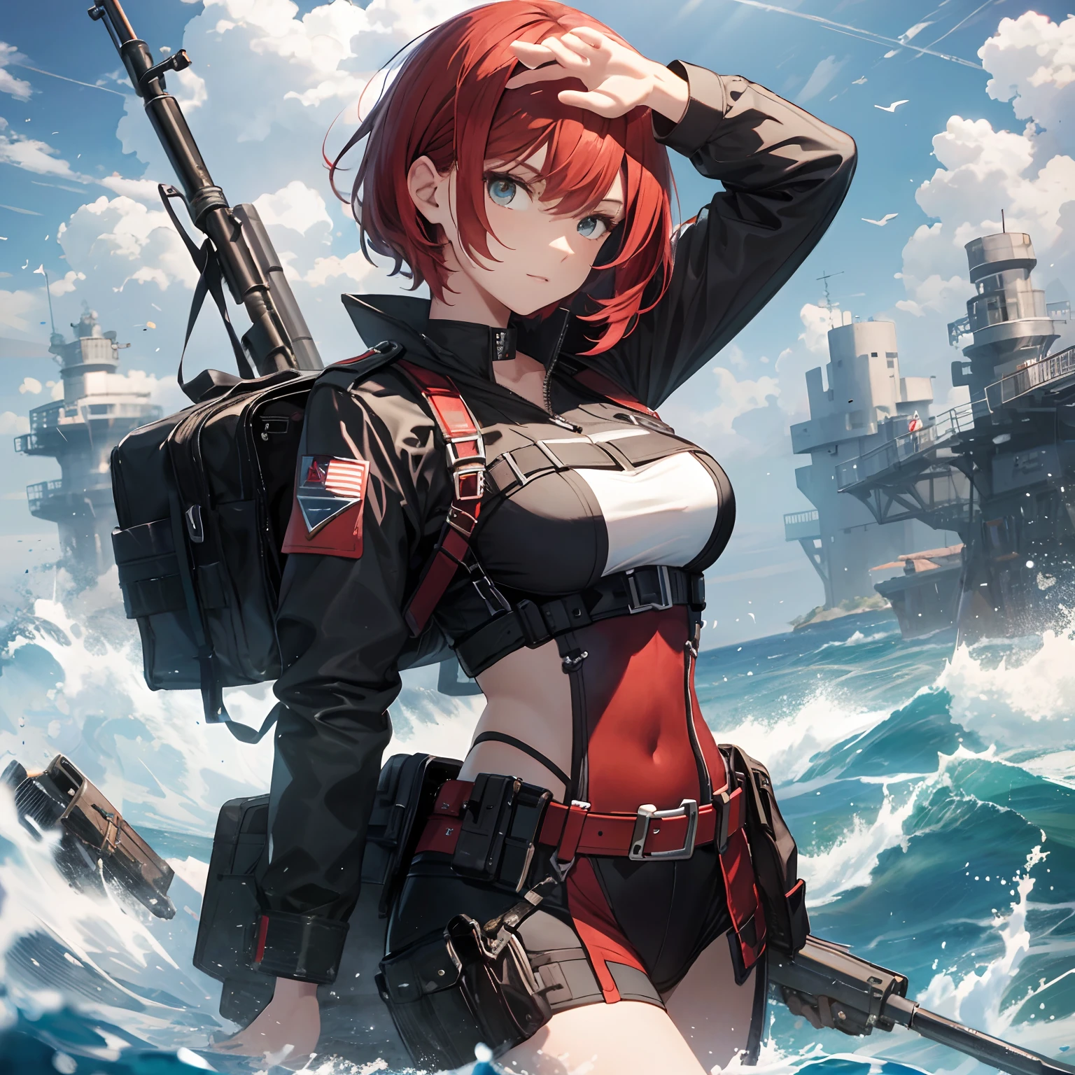 Absurd resolution, high resolution, (masterpiece: 1.4), hyper-detail, open dock weapons testing field by the sea, ung woman, short red hair, soldier costume, looking at a phone (1.2) Very serious expression