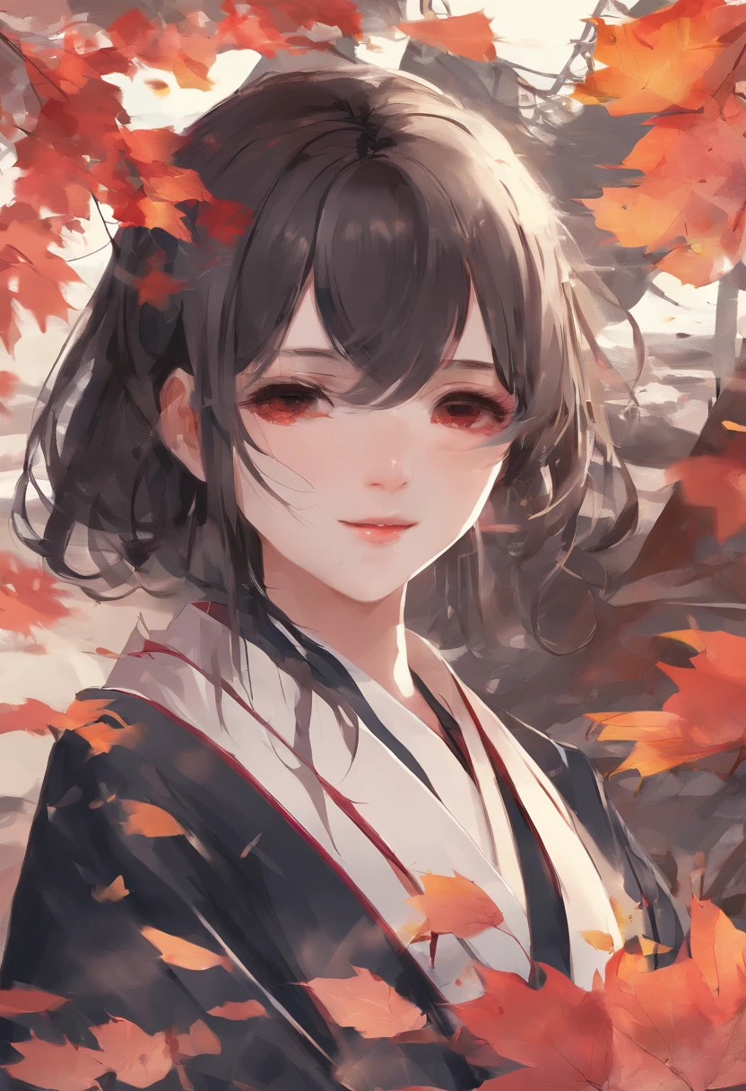 ((1girl in:), beauitful face, (Lifelike face), (A dark-haired, short-hair:1.3), Beautiful hairstyle, 二重まぶた、 Beautiful skins, Garden with beautiful autumn leaves Autumn leaves red yellow autumn leaf pattern kimono(masterpiece)、(ultra-detailliert)、Best Illustration、detaile、(watercolor paiting:1.4)、(handdraw:1.2)、(Watercolor brush hair)、colorwater