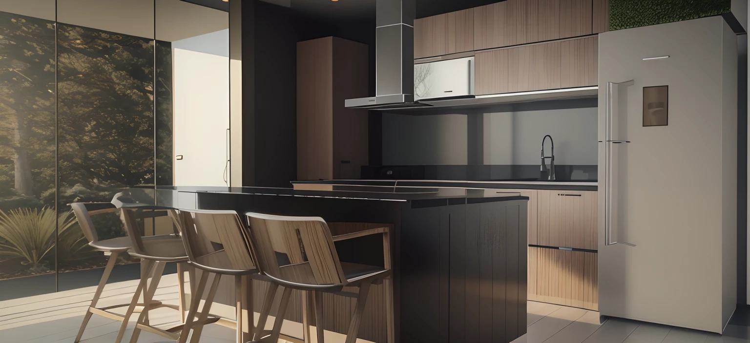 a rendering of a kitchen, JARDIM AO FUNDO, PORTA DE VIDRO, 2 d render, 3D-rendering, 3D rendering, 3 d renders, renderizar 3 d, detailed 3d render, detailed 3d render, renderizado no enscape, 3D-rendering, 3D-rendering, Detailed rendering, detail render, 3d final render, Final 3D rendering, 3 drender