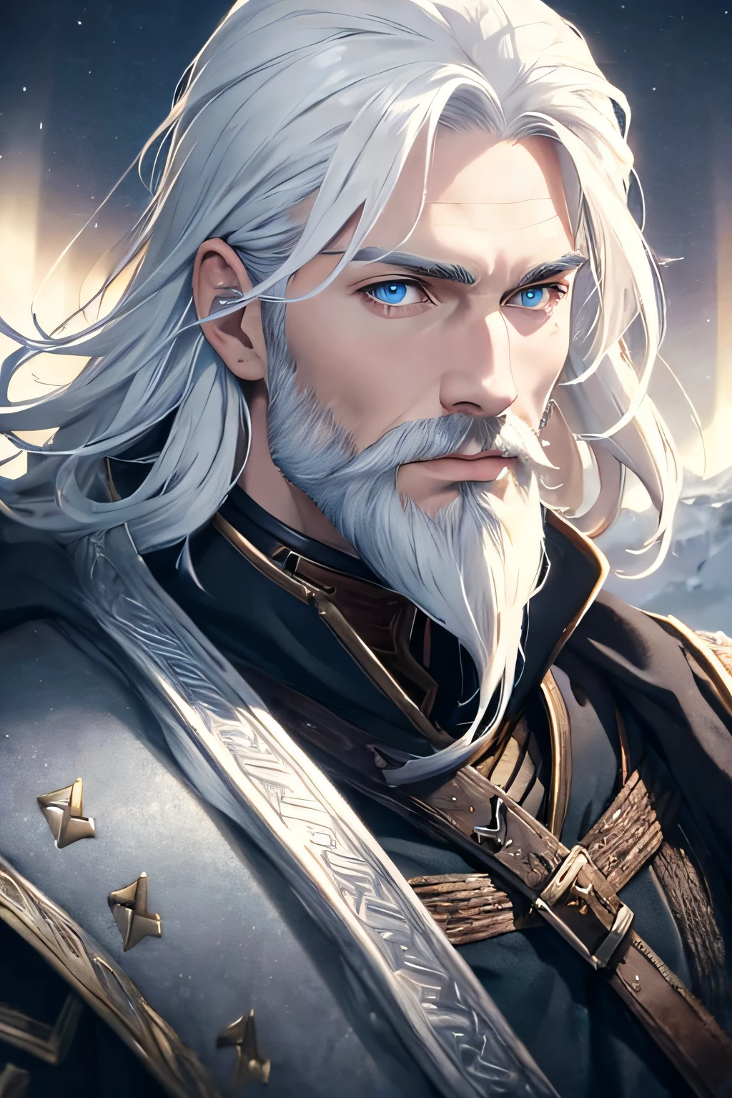 ((ArtStation)), ((Realistic face)), masterpiece, best quality, viking 1man, adult, masculine, male focus, nord, pale skin, mature, 30 year old, beard, solo, white hair, strong, no emotions, superior vibe, man, vibrand blue eyes, looking at viewer, black cape, High quality metal texture, open mouth, sharp tooths, bangs, high collar,(kbxll:0.6), Fantasy aesthetics, Highly detailed, shadowverse style, northern lights, realistic armor, fighting