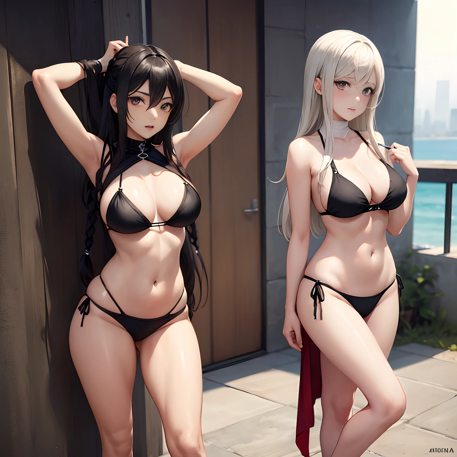 Imagen de cuerpo completo de mikasa Ackerman junto a Noelle silva con trenzas ambas con tacones altos y en bikini sexy