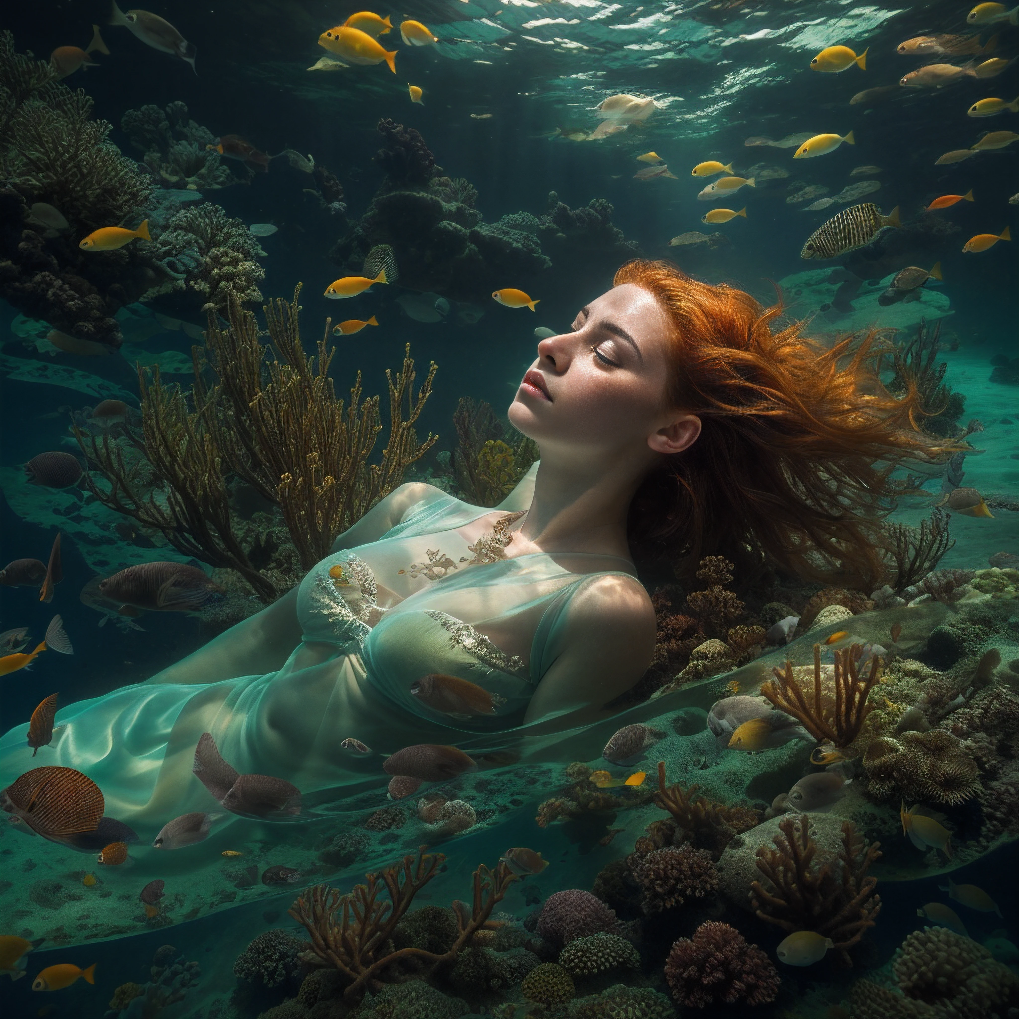 An exquisite underwater portrait depicting a beautiful redheaded woman kneeling peacefully on the sandy ocean floor, eyes closed in pensive thought, delicate features caressed by rays of sunlight streaming down through the rippling blue water overhead, flawless skin adorned with endearing freckles that pop against the vivid coral reef behind her, fiery locks softly blowing in the gentle current, masterfully composed in the style of a fine art photographic print, tonality rich and atmospherically ethereal like a cinematic still from a fantasy film, intricate textures and murkiness integrated seamlessly to capture the mystique and wonder of the underwater world, overall craftsmanship superbly executed with extraordinary attention to detail, this stunning digital painting epitomizes photorealism meets imaginative artistry.