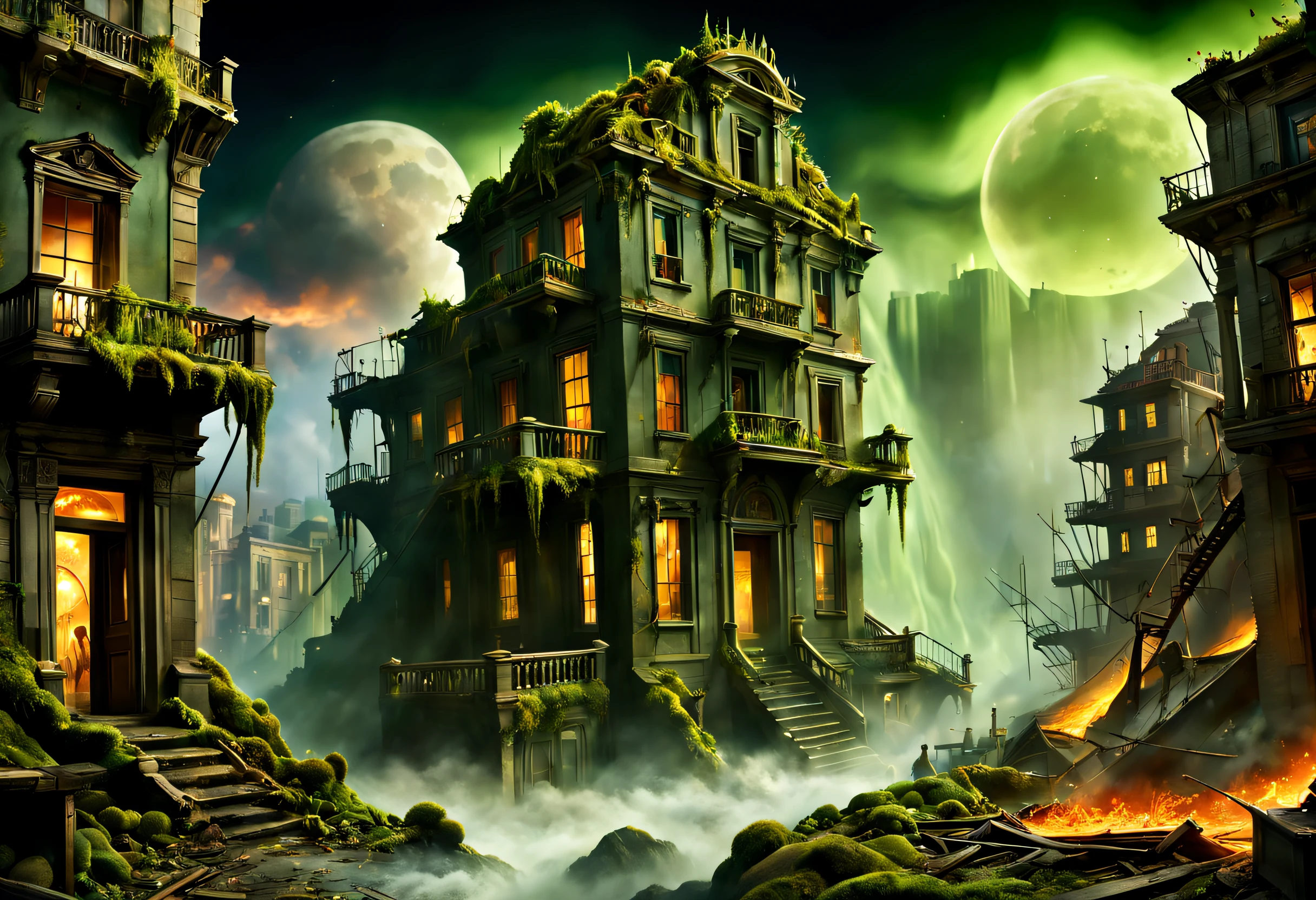 (((Masterpiece))), (((Best quality))), ((intricately details)), ((Hyperrealistic)), ((Faraway view)),Swirling clouds and colorful stars, (A depressed run-down city in a doomsday movie,Dense trees,Covered with dilapidated cities and collapsed buildings,Latter-day world,Charming uninhabited street in the moonlight, Covered with dense green moss,Flames burst into the sky in the distance, cascading waterfalls, and doomsday insects glowing in the dark, The city of doom,Collapsed houses,Charming dilapidated building in the moonlight,The picture is magnificent), Beautiful background, Light particles, suns rays, Dramatic lighting, Cinematic lighting, (midnight), (Irregular), (mysterious), (ridiculous), Dreamy, Disney, vectorial