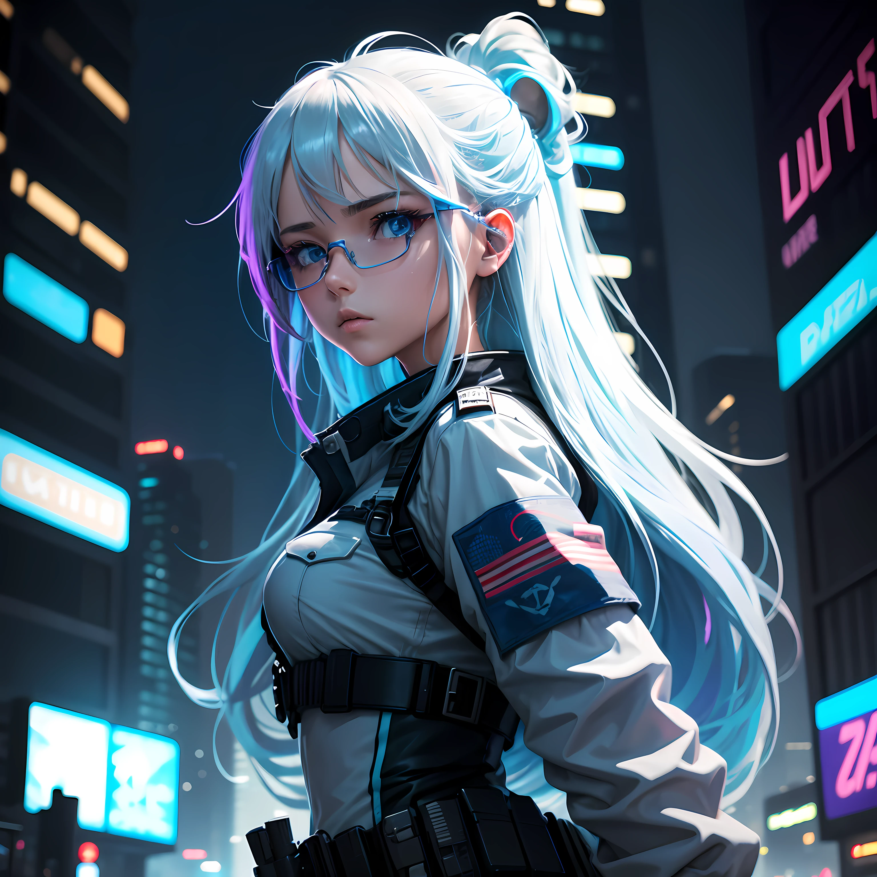 "Generate an anime-style scene with a girl adorned in a military uniform, her long hair flowing in shades of white and blue. Set the scene in a dystopian, cyberpunk cityscape, showcasing dramatic lighting and vibrant neon hues. Capture a sense of determination or contemplation in the girl's expression, amidst the futuristic urban backdrop."