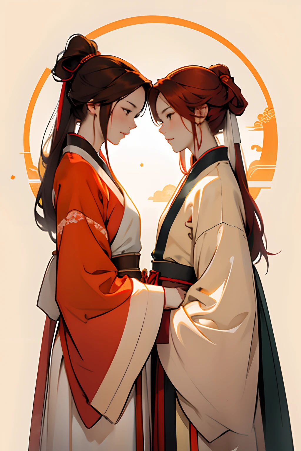 high quality, 4k, two girls as lover, hanfu, white and orange hanfu, red clothes, red hair girl, brown hair girl , ponytail hairstyle ,flat background, gentle expression, looking lovingly at each other, chinese pattern background, sun theme, wuxia