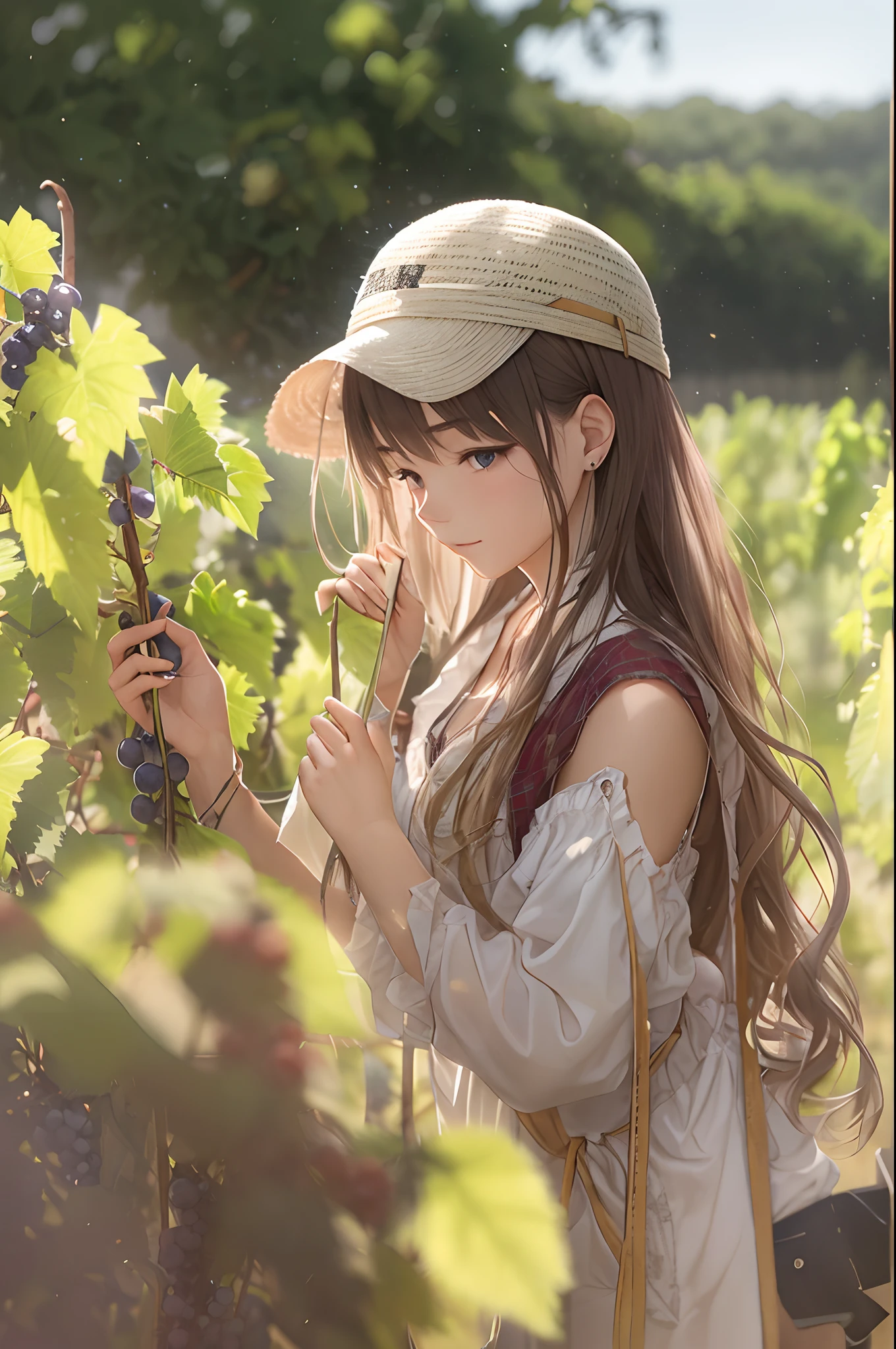 20-year-old woman working on a vineyard、Hats、onepiece、Backlight illumination