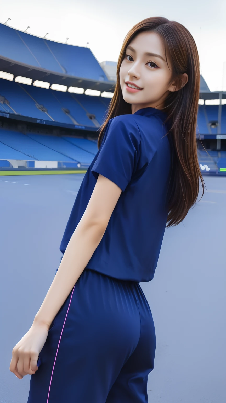 (best quality,4k,8k,highres,masterpiece:1.2),ultra-detailed,(realistic,photorealistic,photo-realistic:1.37),1 cute girl in soccer stadium,shiny skin,solo,light smile,bdclothes,((lightpurple shirt:1.3)),short sleeve,shirt out off pant,(navy_long_trackpant:1.1), ((stadium background:1.3)),dynamic angle,excited,focus face,dynamic pose,from behide,ass focus
