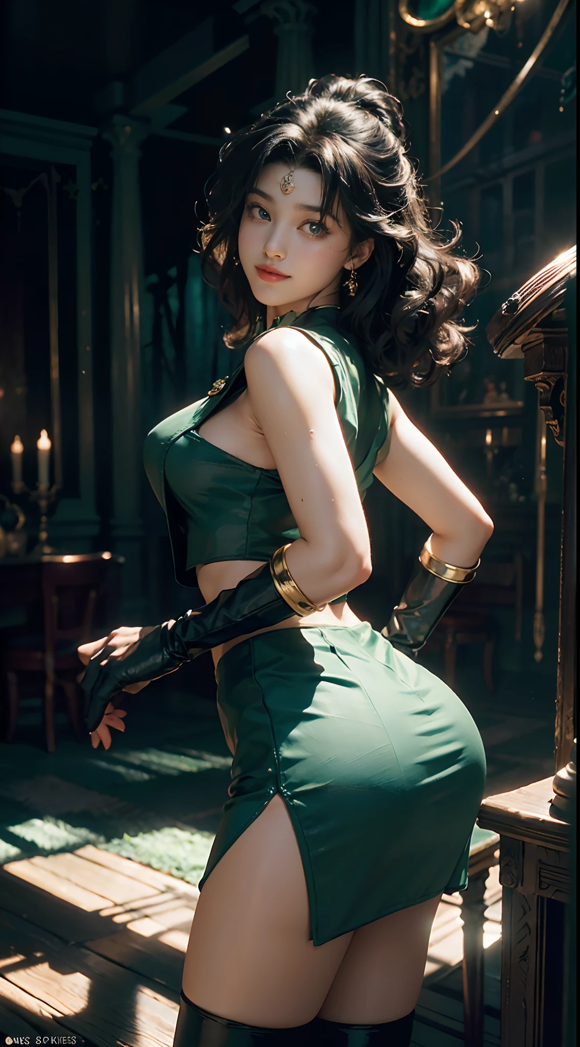 Big chest, big ass(Unity 8K CG wallpaper with extreme details, masterpiece, high quality), (exquisite lighting and shadow, highly dramatic image, cinematic lens effect), (Sailor Moon: 1.1), charming smile, double tail, vibrant green eyes, looking at the viewer with curly black hair swinging, tight Emerald top, white gloves, mini skirt, dynamic pose), the background is the universe (excellent detail, excellent lighting, wide angle), (excellent rendering, enough to stand out in its class),boobs and big ass.