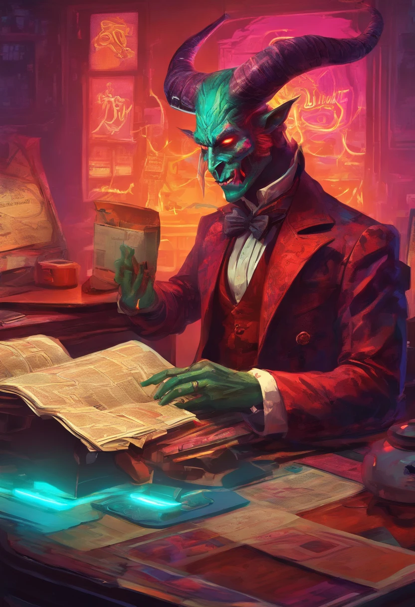 A man with light Tiefling trasos in a Victorian England suit is sitting at a table, Carefully reading a newspaper with a devilish smile on his face. A arte hiper-realista de D&D de Guilherme H. Pongiluppi captura todos os detalhes intrincados, from the folds of his suit to the texture of his horns.