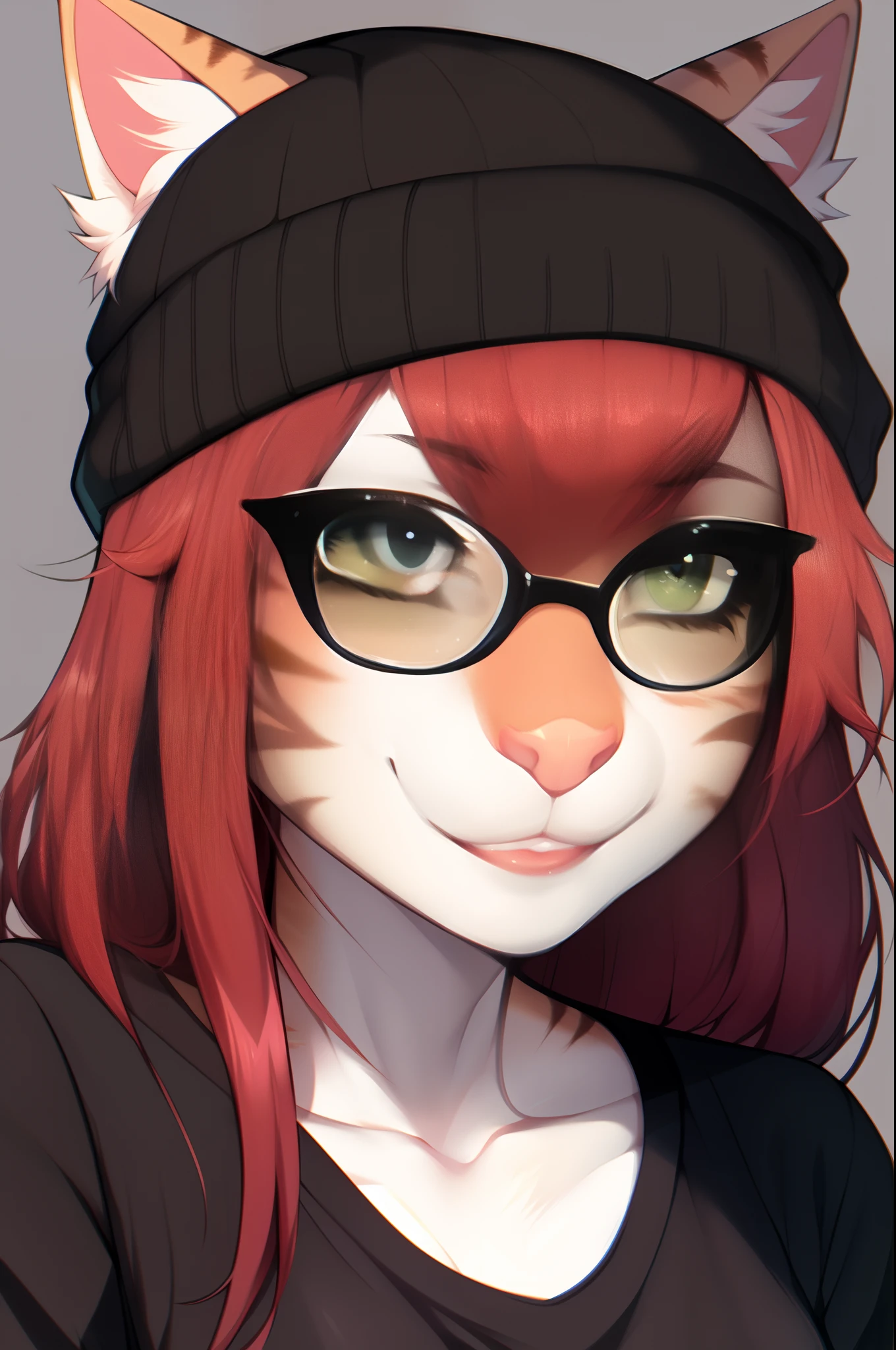 Solo:1.3, cute orange anthro tabby cat female, tabby cat ears, long red hair, green eyes, pink nose, cute snout, barefoot, wearing black t shirt, by fumiko, by claweddrip, by hyattlen, raised eyebrows, simple background, close up, portrait, wearing round clear glasses, black beanie, grinning