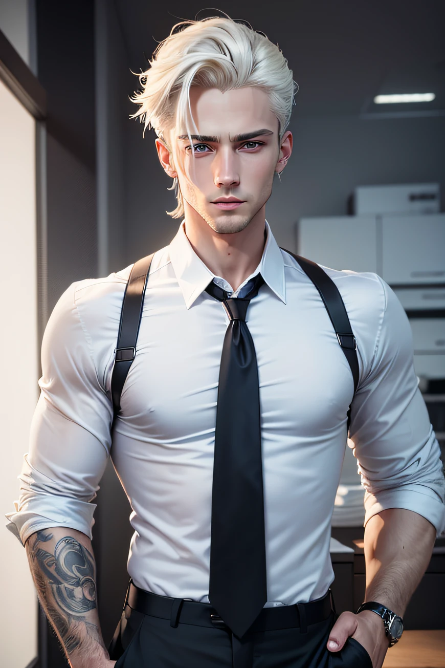 male twenty-five years of age platinum blond hair steely blue eyes is fit and in shape wears suits dark blue or black sharp jaw full lips handsome has a serious look on his face European decent has a ear piercing in one ear a tattoo that goes up from his elbow to his left shoulder and over his left peck and shows a little under his black dress shirt, shirt is unbuttoned a few of the top buttons only two buttons undone, short hair in style neat appearance in a office setting no jacket looks professional but hot, solo