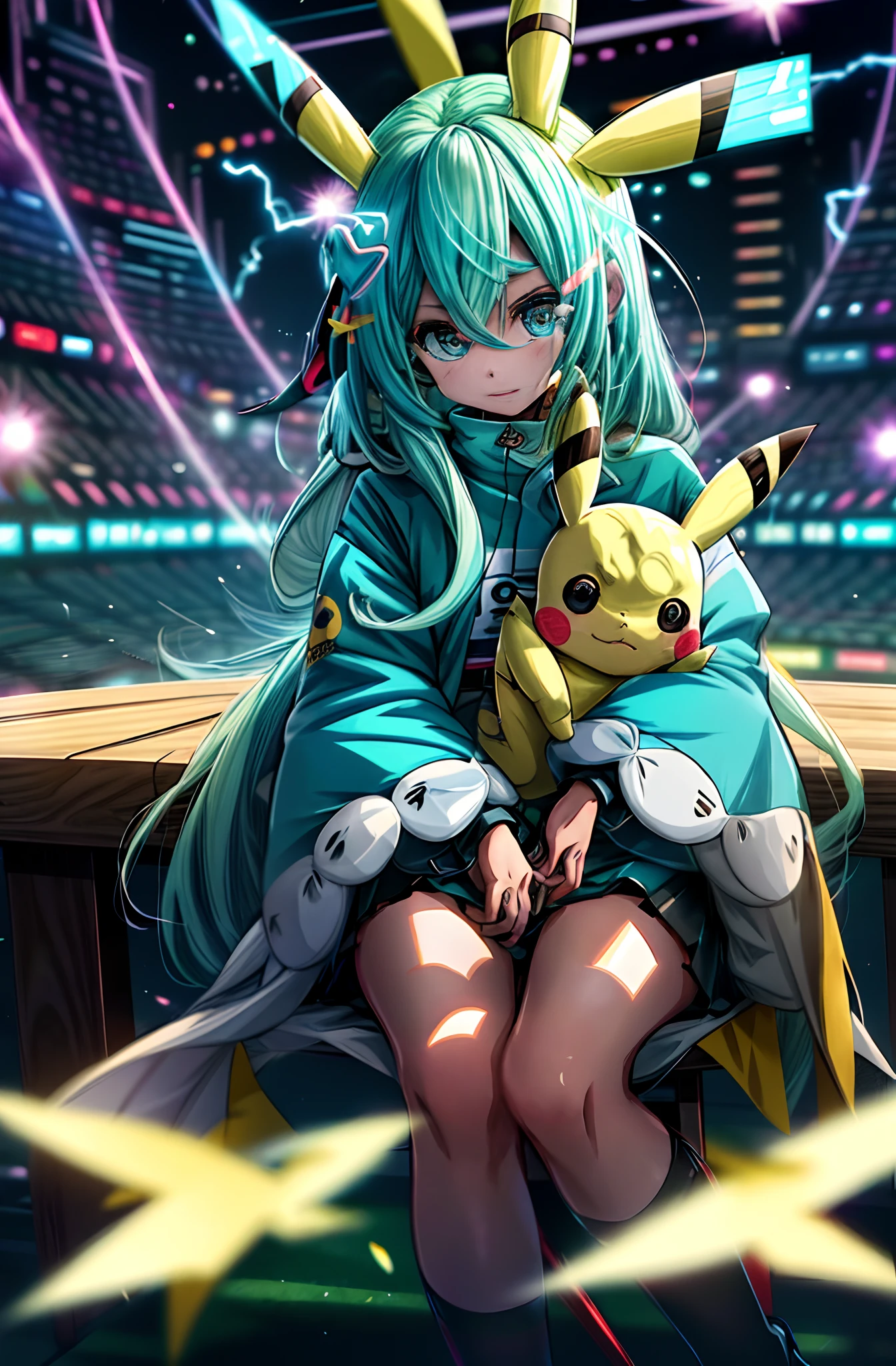 Twin-tailed、Adults、Ahegao、Pikachu、A pokémon、Pikachu、miku hatsune、Inazuma seen from the eyes、⚡️、the detail、electrification、Background current、electricity、