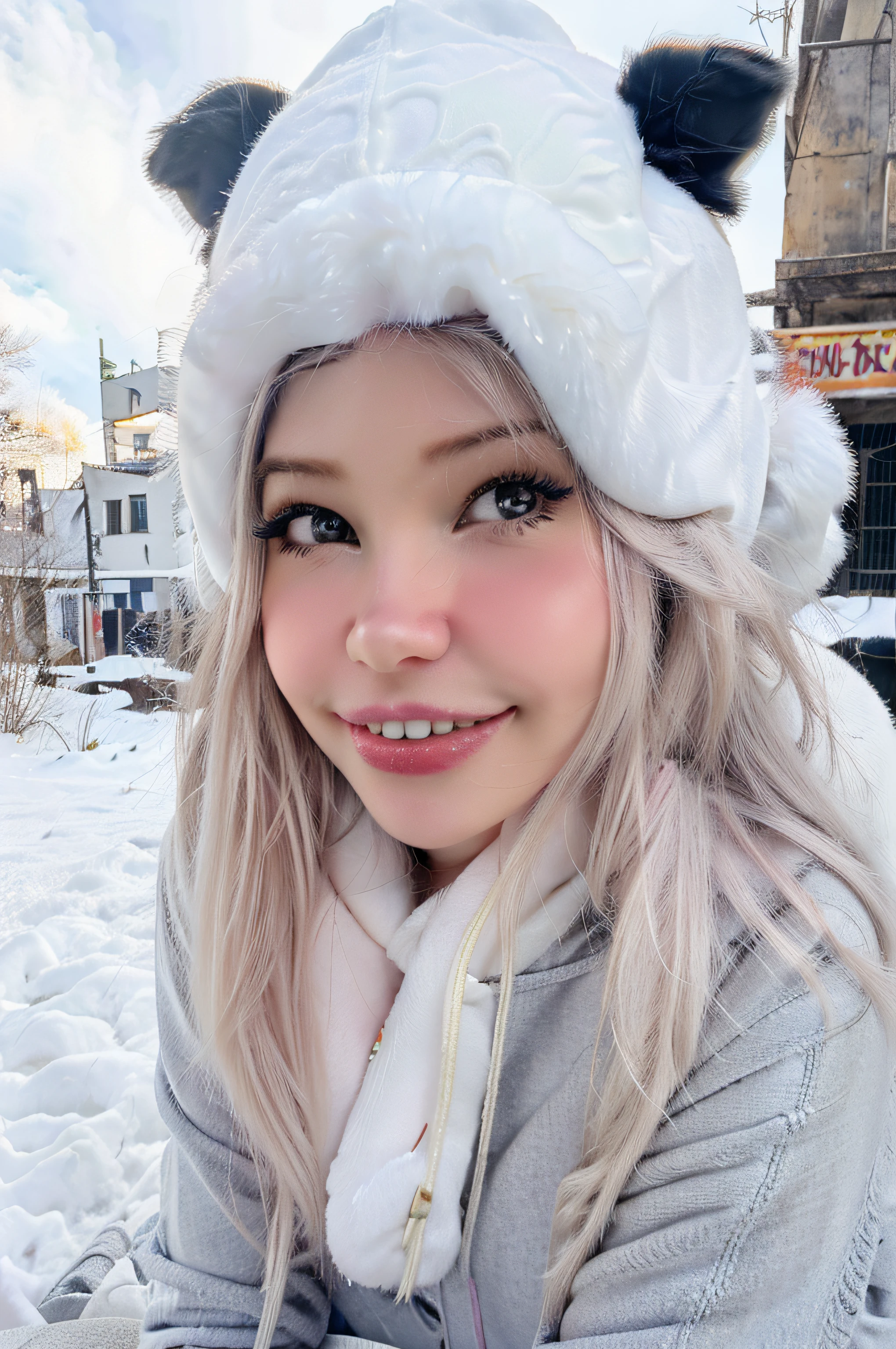 belle delphine con un gorro de invierno sosteniendo un animal de peluche en sus manos, en una calle cubierta de nieve, piel blanca, ojos azules, cabello largo y negro, hermosa sonrisa, ojos grandes, Nearby vegetation