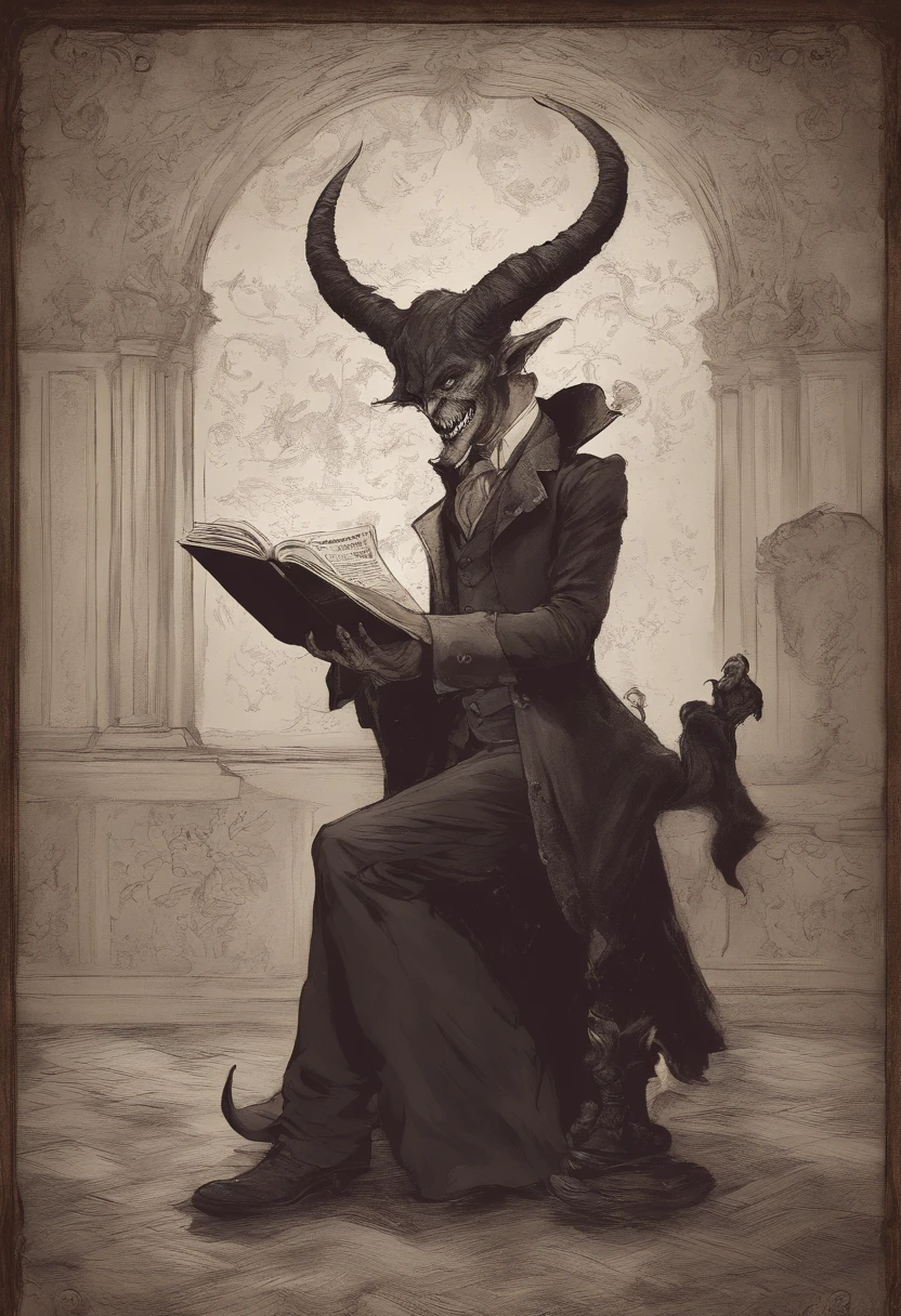 A half-demon man in a Victorian England suit is sitting at a table, Carefully reading a newspaper with a devilish smile on your face. A arte hiper-realista de D&D por Guilherme H. Pongiluppi captura todos os detalhes intrincados, from the folds of his suit to the texture of his horns.