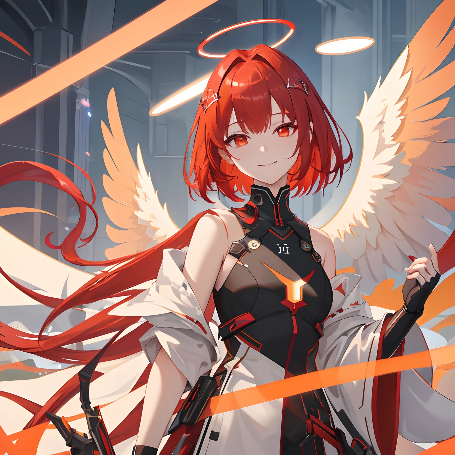 best quality, masterpiece, highres, solo, {exusiai_arknights:1.15}, red_hair, halo, short_hair, bangs, smile, wings, upper_body, hair_over_one_eye, closed_mouth, red_eyes, orange_eyes