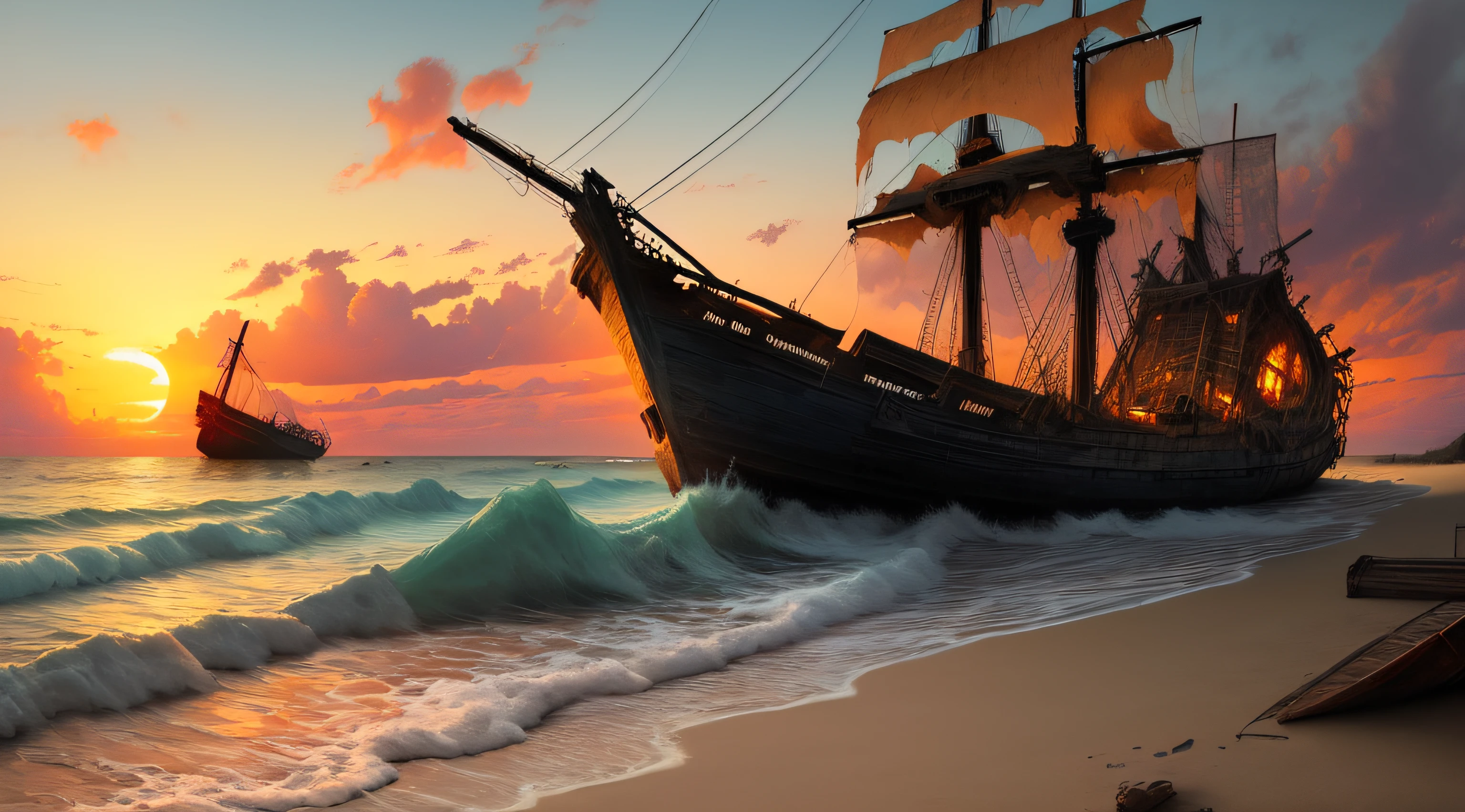 ultra detailed, oil painting, abandoned wooden ship, big wooden ship, beautiful beach, sunset, ground view, wreck, resting on the beach, old abandoned, many years ago