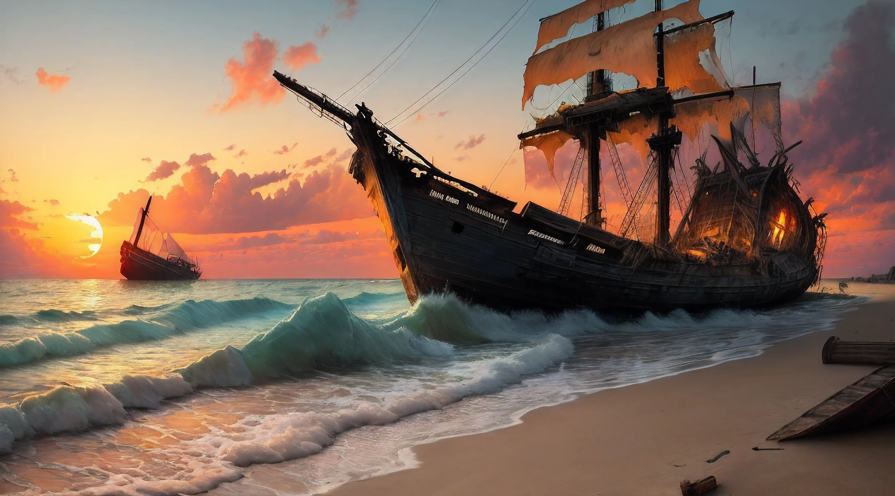 ultra detailed, oil painting, abandoned wooden ship, big wooden ship, beautiful beach, sunset, ground view, wreck, resting on the beach, old abandoned, many years ago