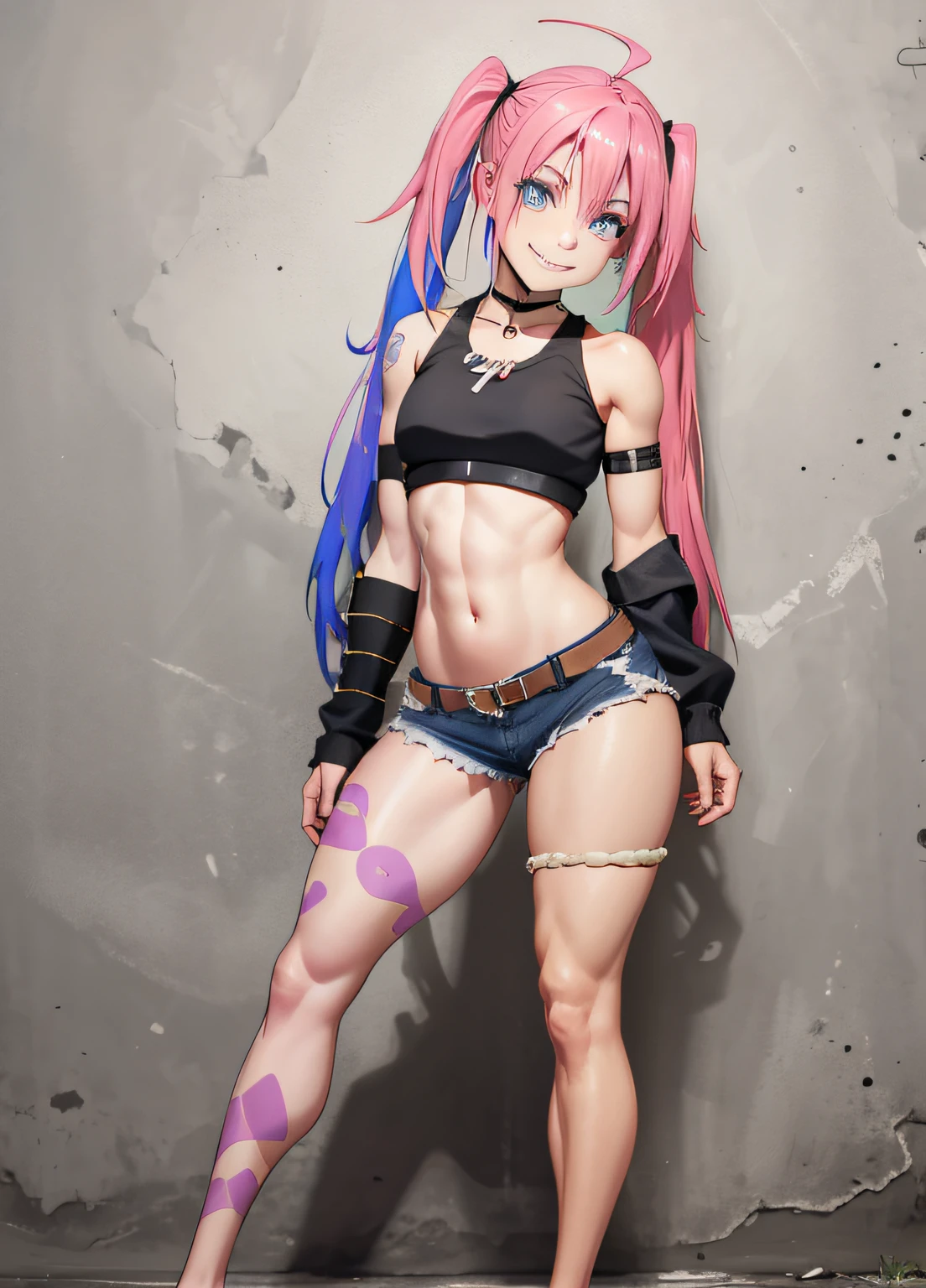 masterpiece, best quality, 1girl, solo, crop top, denim shorts, choker, (graphite: 1.5), paint splashes, arms behind back, against wall, looking at viewer, armband, body paint , head tilt, ((Evil smile)), long pink hair, pigtails, blue eyes, thick and muscular thighs, muscular belly, barefoot, medium breasts, full body photo
