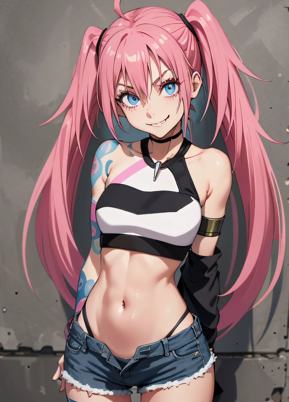 masterpiece, best quality, 1girl, solo, crop top, denim shorts, choker, (graphite: 1.5), paint splashes, arms behind back, against wall, looking at viewer, armband, body paint , head tilt, ((Evil smile)), long pink hair, pigtails, blue eyes, thick and muscular thighs, muscular belly, barefoot, medium breasts, full body photo