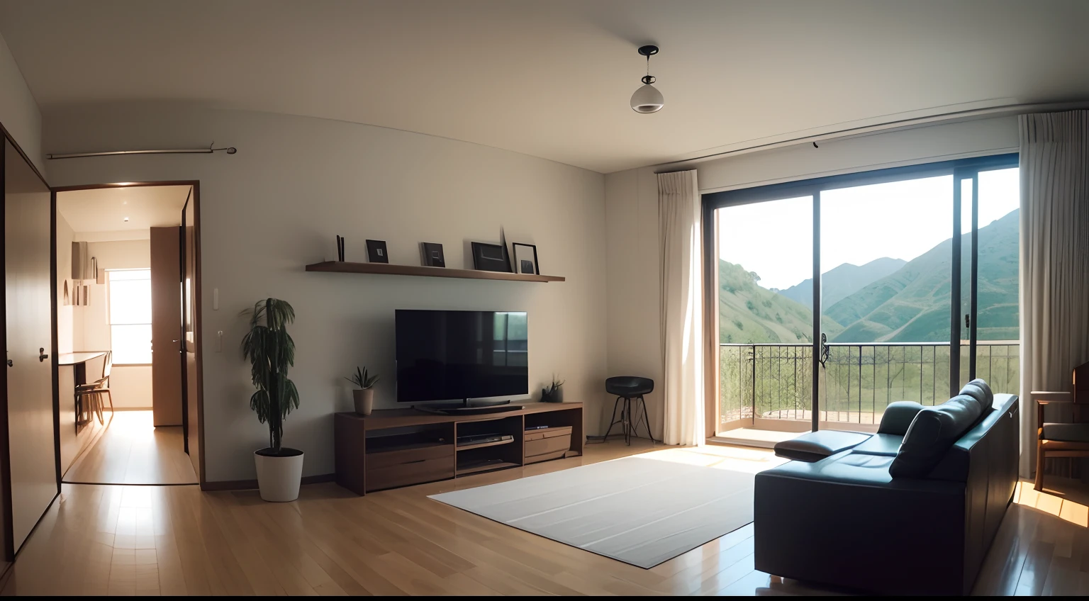 there is a room with a table and chairs and a television, living room, interior, interior view, full room view, house interior, panorama shot, interior living room, panoramic shot, the living room, inside view, inside house in village, ultra wide-shot, interior room, ultrawide shot, ultra wide shot, listing image, panoramic, view from front, has plants, minimalist, modern and contemporary --auto