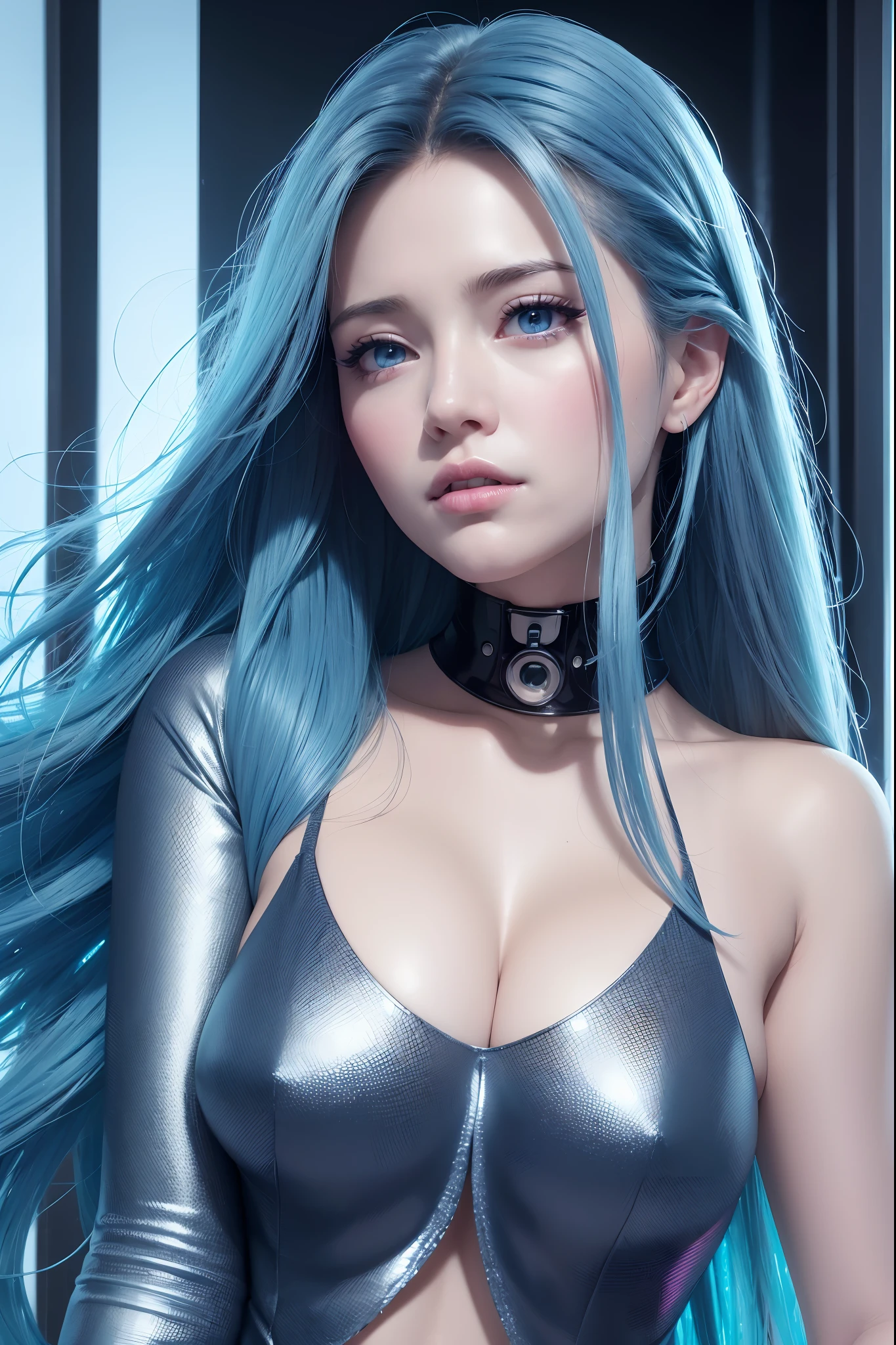 Hyper realistic professional mid body portrait, one stunningly beautiful 38 years old girl, shining long blue colored hair, long curly hair, hyper detailed and perfect, intense detailed eyes, perfect face, dark makeup ultra detailed, extemly detalled and perfect face, hyper detailed perfect lips, ultra most beautiful woman ever, cinematic photo neon sign,neon lights, sunset, reflective puddles, scifi,85mm photograph, film, bokeh, professional, 4k, highly detailed, sharp focus a touch of Cyberpunk background