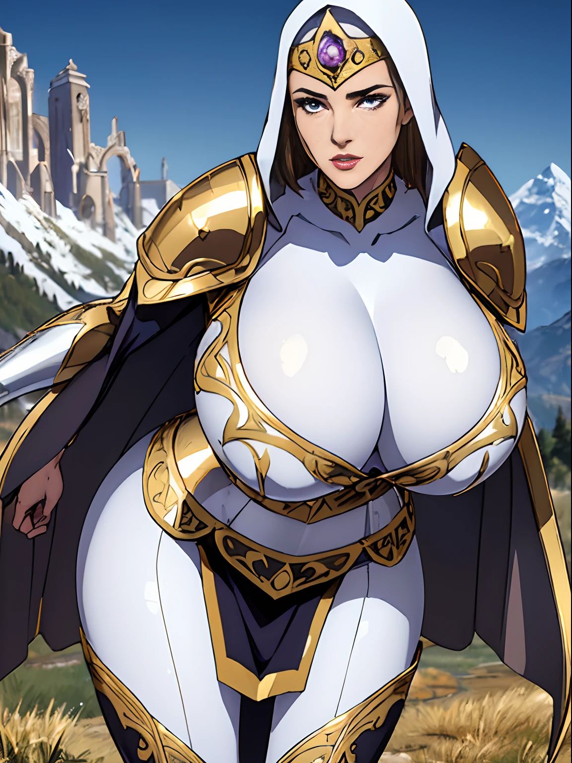 (masterpiece, top quality, best quality, official art, beautiful and aesthetic:1.2), (1girl:1.3), light freckles, fair skin, extremely detailed, portrait, looking at viewer, solo, (full body:0.6), detailed background, close up, (warm grasslands theme:1.1), holy paladin knight, charlatan, smirk, mysterious, swaying in mountains, modest attire, ((((ornate pearly white and gold metal plate armor)))), cowl, nun hood, wimple, boob armor, cowl, robe, chain mail, chainmail, leggings, chainmail leggings, chain mail leggings, (armored breastplate), tabard, gorget, hood, pauldrons, greaves, armored, long boots, longsword, shield, cape, cloak, pearlescent metal, white fabric, pale leather, ((((gigantic breasts)))), slim waist, slim hips, long legs, medieval (mountain exterior:1.1) background, dark mysterious lighting, shadows, magical atmosphere, dutch angle,
