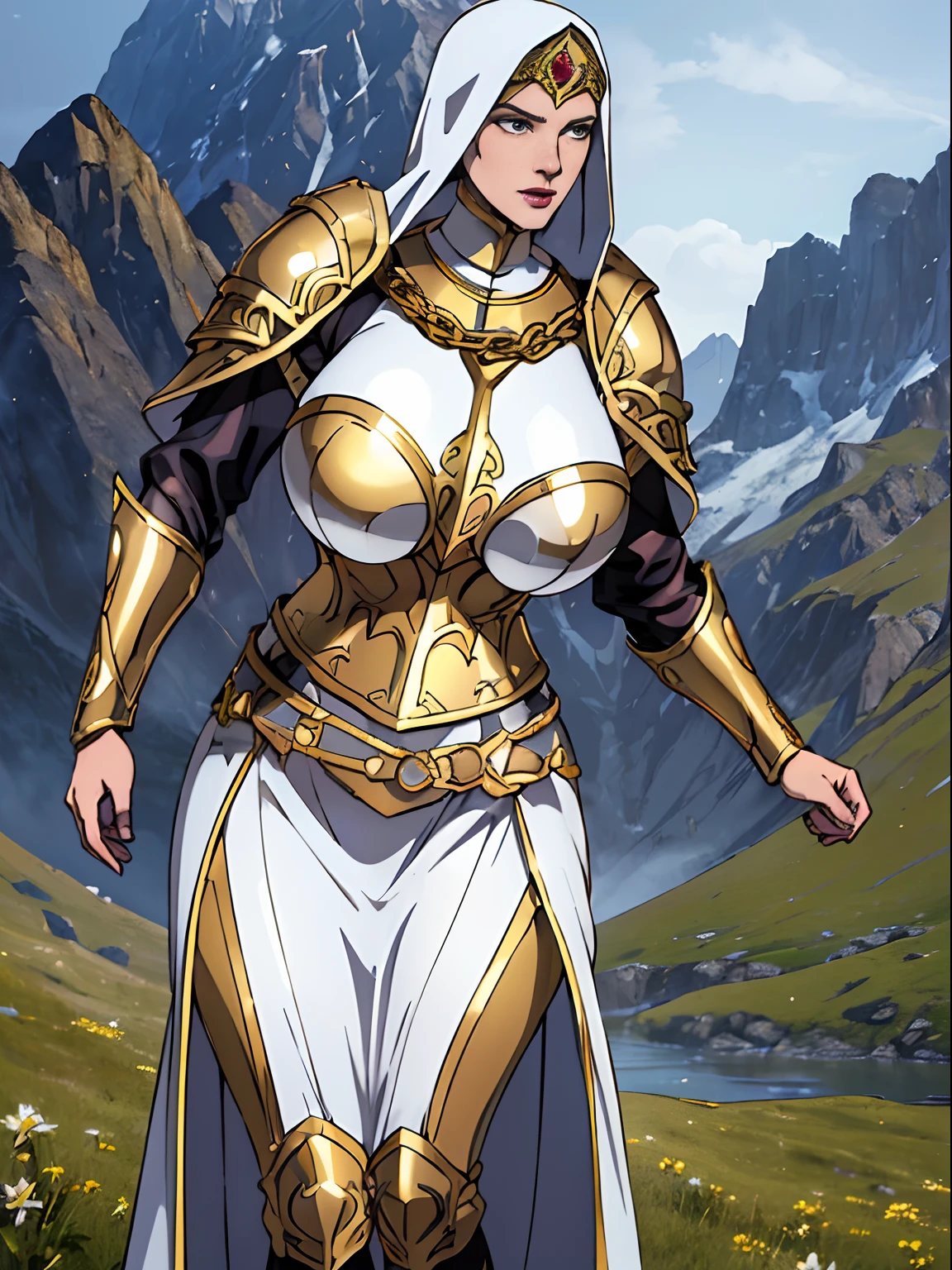(masterpiece, top quality, best quality, official art, beautiful and aesthetic:1.2), (1girl:1.3), light freckles, fair skin, extremely detailed, portrait, looking at viewer, solo, (full body:0.6), detailed background, close up, (warm grasslands theme:1.1), holy paladin knight, charlatan, smirk, mysterious, swaying in mountains, modest attire, ((((ornate pearly white and gold metal plate armor)))), cowl, nun hood, wimple, boob armor, cowl, robe, chain mail, chainmail, leggings, chainmail leggings, chain mail leggings, (armored breastplate), tabard, gorget, hood, pauldrons, greaves, armored, long boots, longsword, shield, cape, cloak, pearlescent metal, white fabric, pale leather, ((((gigantic breasts)))), slim waist, slim hips, long legs, medieval (mountain exterior:1.1) background, dark mysterious lighting, shadows, magical atmosphere, dutch angle,
