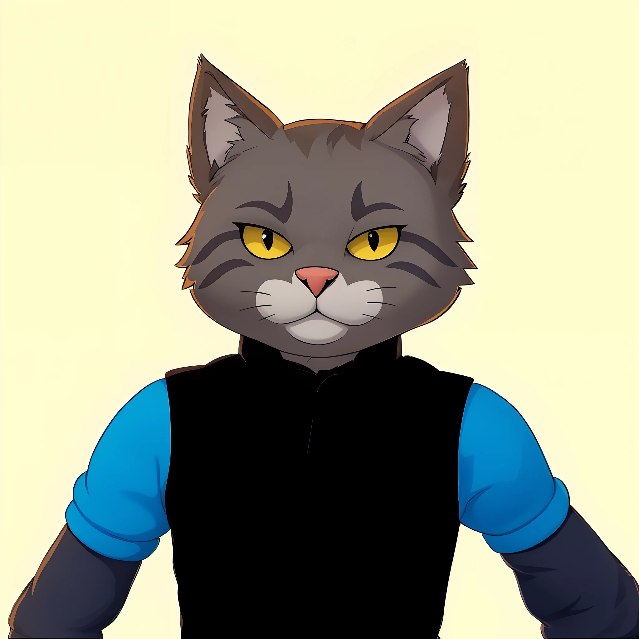 There's a cat with a blue shirt and a black vest, Retrato de personagem peludo, um Antro Gato, personagem peludo, Antro Gato, Personagem altamente detalhado, anthropomorphic female cat, Gatopomorphic Antrum, Retrato de um clube, generic furry style, bonito weasel fursona retrato, sem linha, ninja of the Gatomorphic Antro
