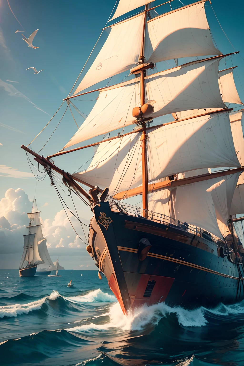 (best quality,4k,8k,highres,masterpiece:1.2),ultra-detailed,(realistic,photorealistic,photo-realistic:1.37),vibrant colors,soft lighting,maritime scene,sailing boats,reflecting water,smooth and sparkling,beautifully crafted ships,weathered hulls,calm sea,gentle waves,jetty,seagulls flying overhead,fishermen's nets,old dock,captivating atmosphere,blazing sun,seafarer's life,tranquil setting,persevering sailor,hardworking crew,weather-worn sailor,resting sailor,bearded sailor,sweaty sailor,salt-encrusted sailor,deep blue ocean,distant horizon,barge approaching,ripples in the water,sun-kissed sailor,stoic expression,sailor's tattooed arms,detailed ropes and rigging,wooden mast,tide-worn buoys,working fishing nets,authentic seafaring experience,traditional maritime scene