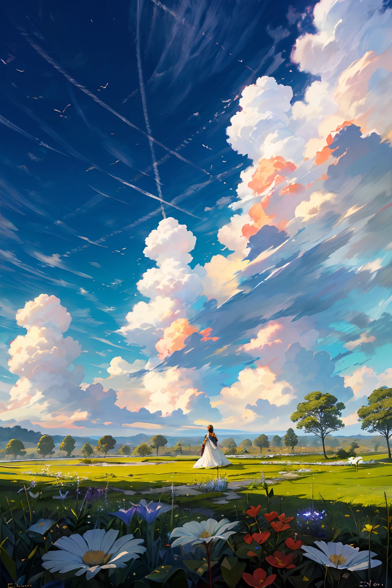 Cielo celeste y un ramo de flores naturales. Con escrito que diga "CIELO"