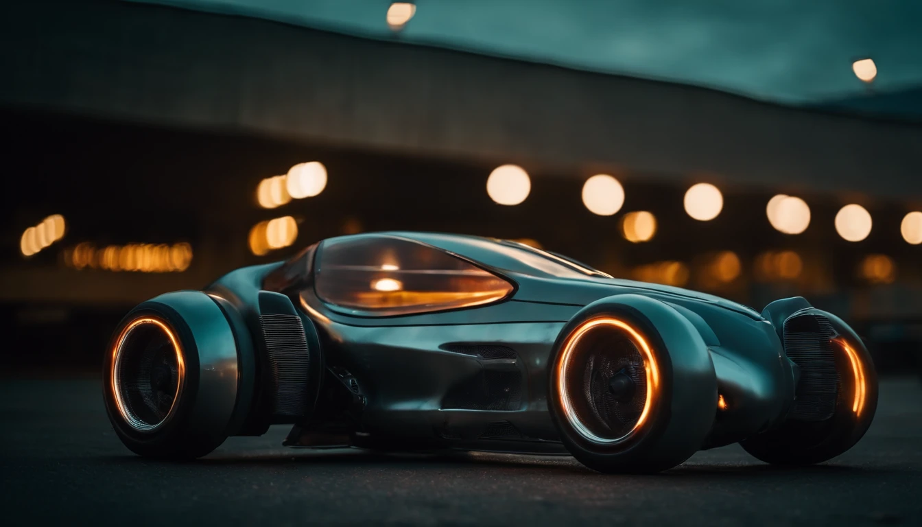 a 3/4 front view of ((futuristic cyberpunk hotrod zeekars)) (with glowing tires), at the parking lot,