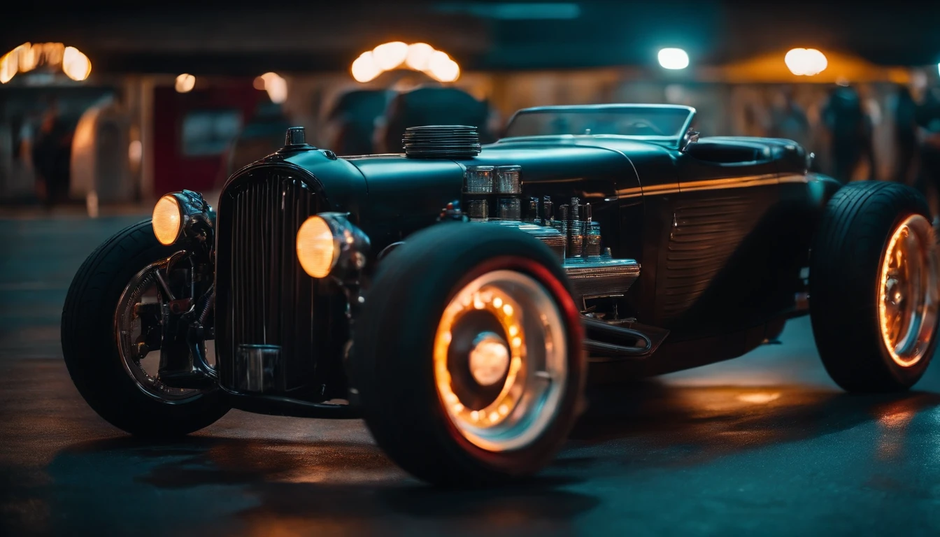 a 3/4 front view of ((futuristic cyberpunk hotrod zeekars)) (with glowing tires), at the parking lot,